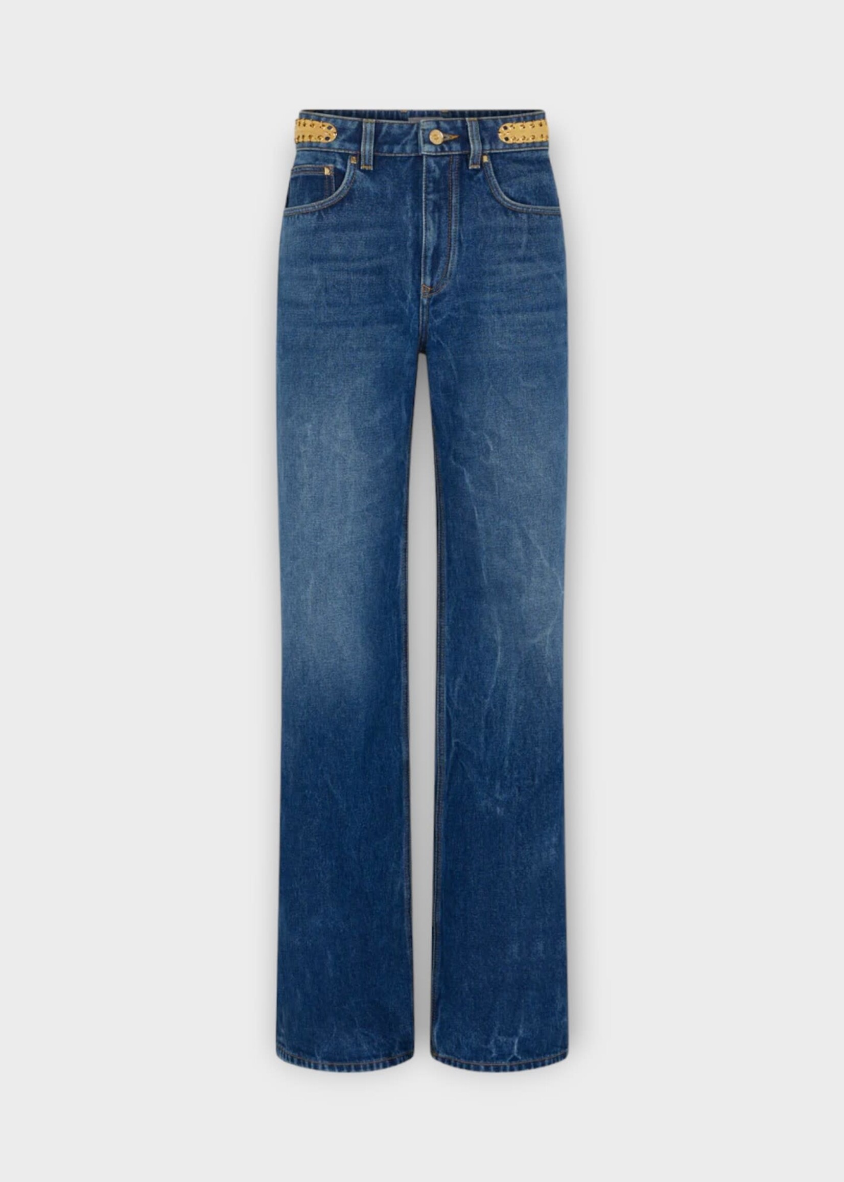 Rabanne Rabanne Jeans, Blue, Cotton Baggy Fit Straight Leg Pants In Dark Denim Stone w/ Gold Metals