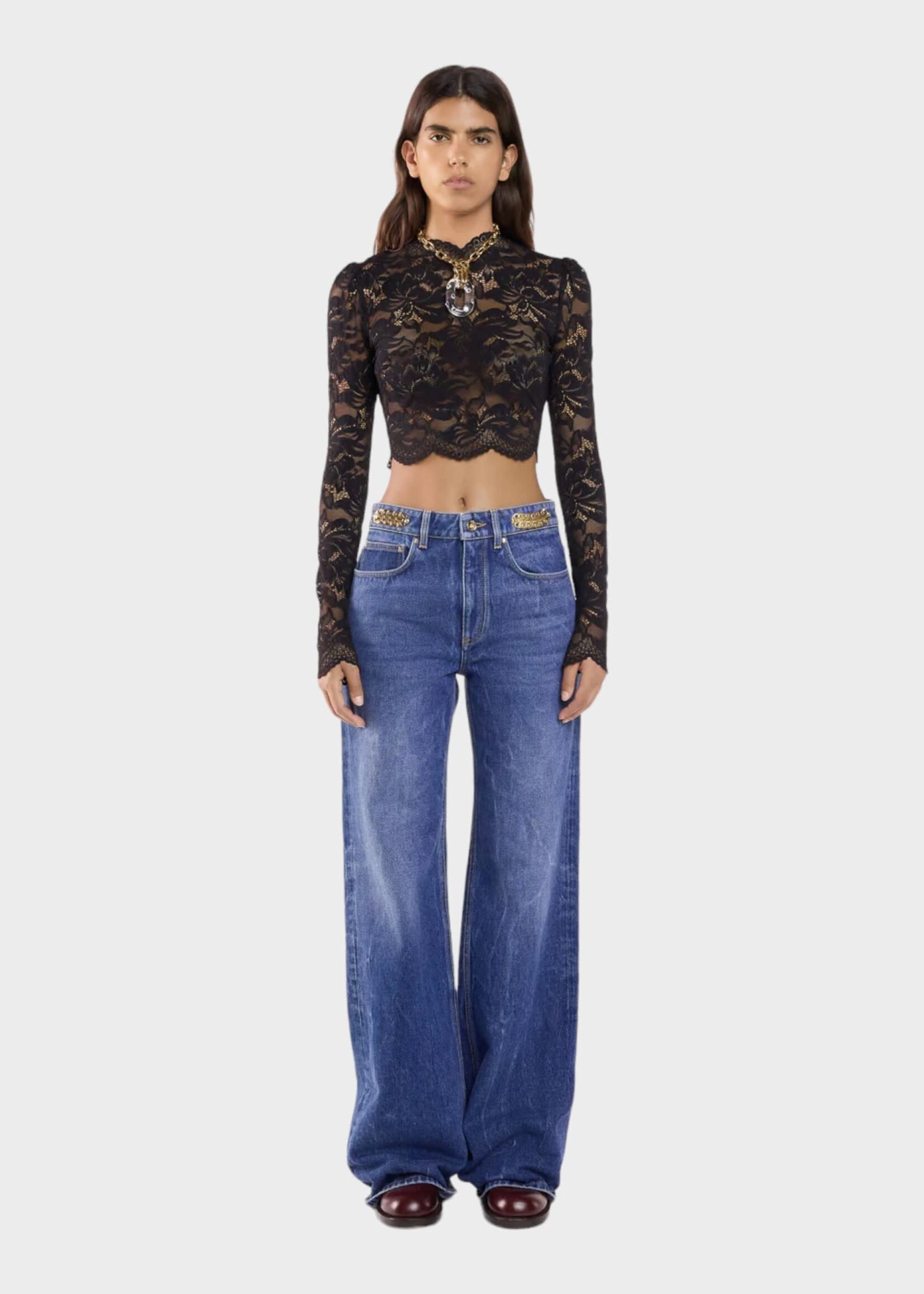 Rabanne Rabanne Jeans, Blue, Cotton Baggy Fit Straight Leg Pants In Dark Denim Stone w/ Gold Metals