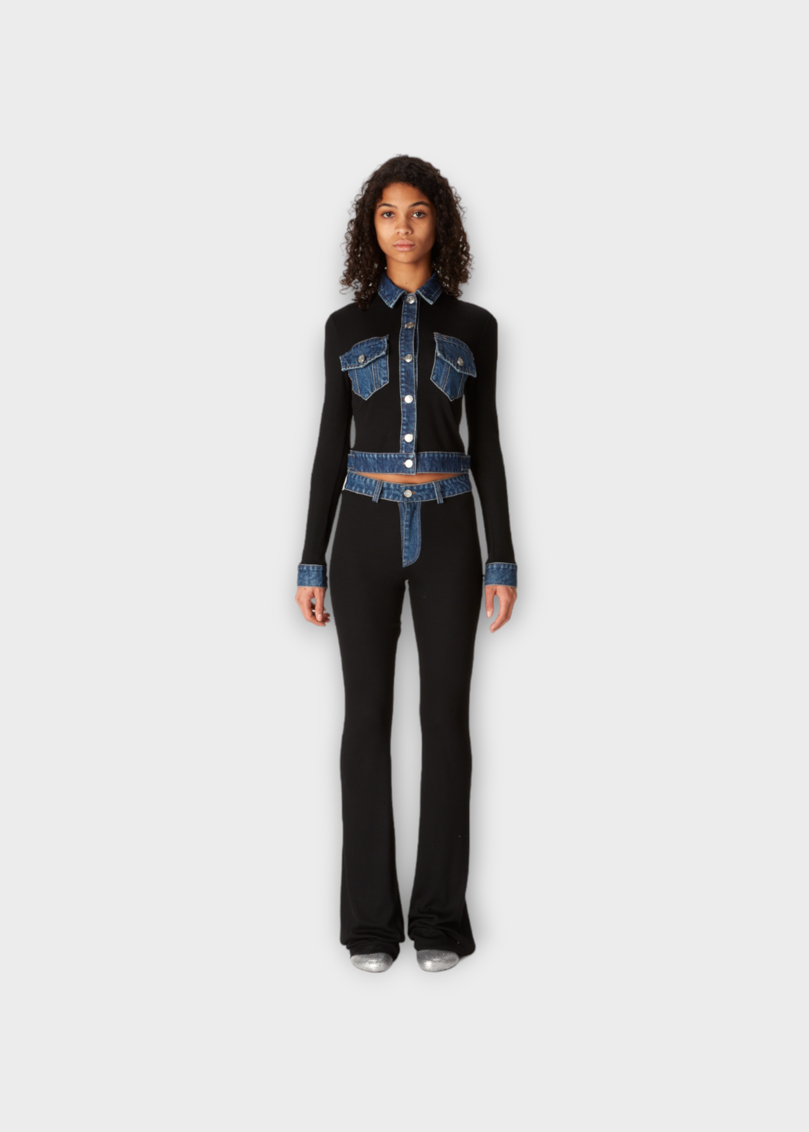 Coperni Coperni Trousers, Black, Second Skin High Waist Flared Stretched Pants In Black w/ Denim Details