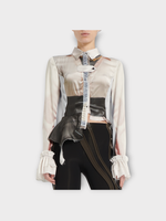 Ottolinger Ottolinger Shirt, Print, Cotton Button Up Long Sleeve Ruched Blouse in Beige & Black w/ Shirt Print