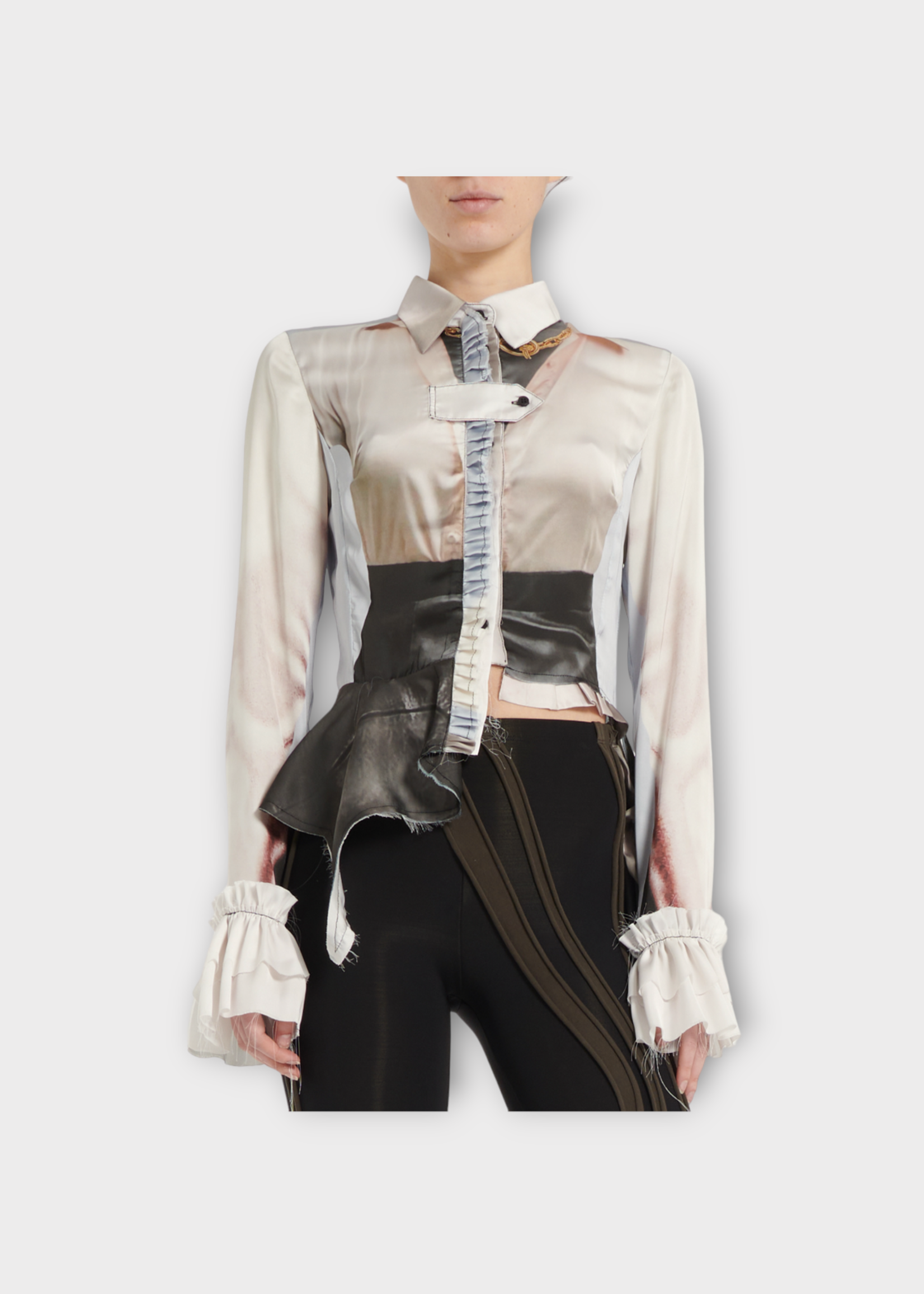 Ottolinger Ottolinger Shirt, Print, Cotton Button Up Long Sleeve Ruched Blouse in Beige & Black w/ Shirt Print