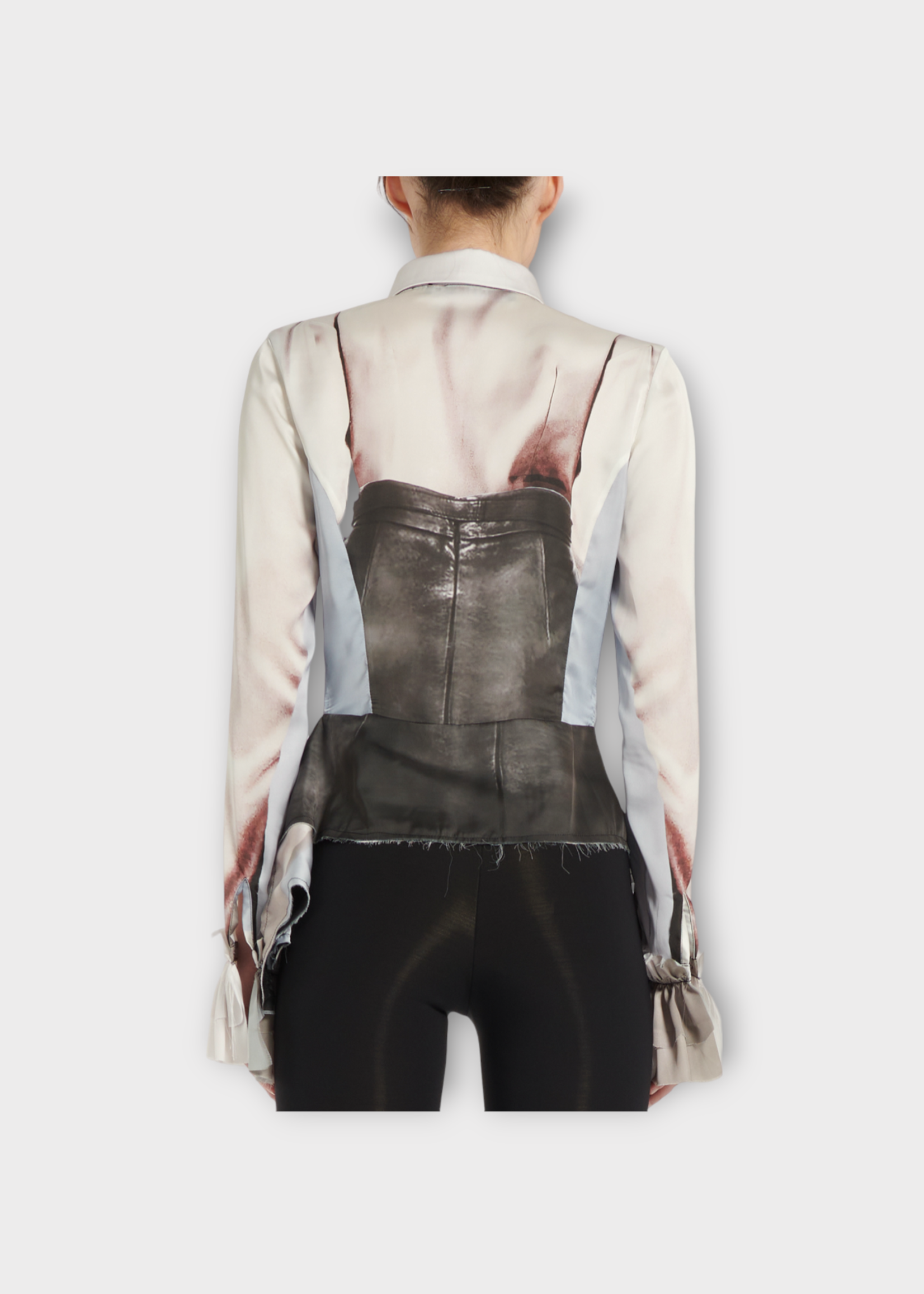 Ottolinger Ottolinger Shirt, Print, Cotton Button Up Long Sleeve Ruched Blouse in Beige & Black w/ Shirt Print