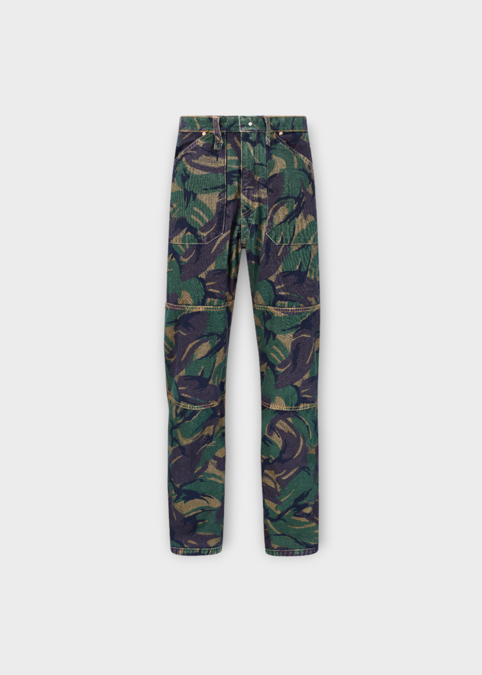 Martine Rose Martine Rose Jeans, Multi, Cotton High Waist Straight Leg Reversible Denim Pants In Blue & Green Camouflage