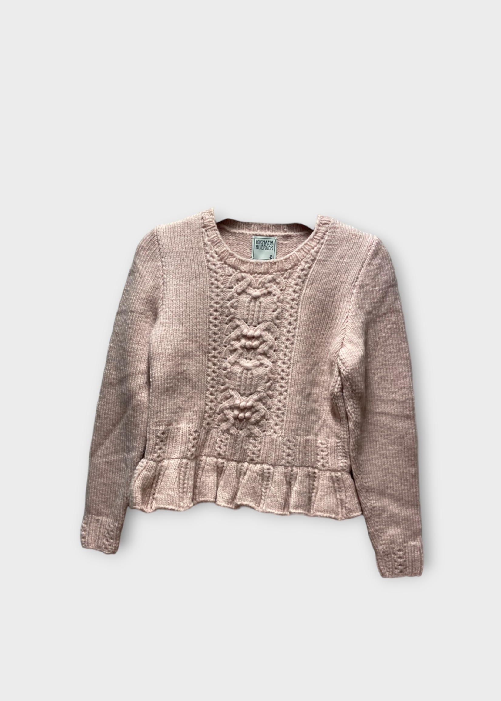 Michaela Buerger Michaela Buerger Knitwear, Pink, Phileas Wool & Cashmere Crew Neck Sweater In Pale Pink w/ Ruffles Details