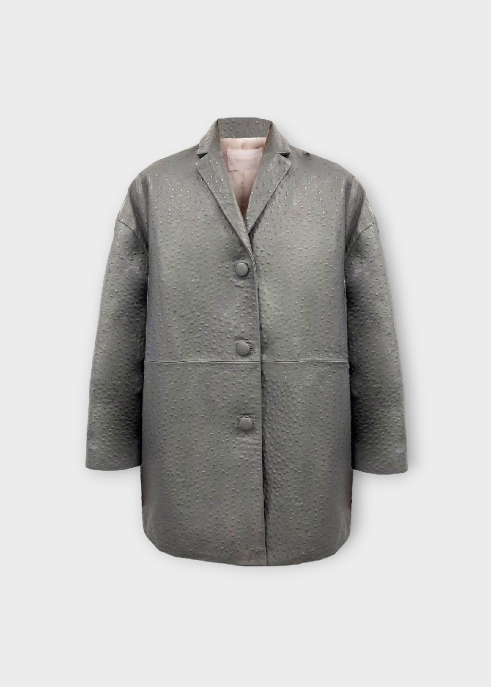Julie Kegels Julie Kegels Coat, Grey, Mauranne Leather Embossed Ostrich Collared Button Up Coat