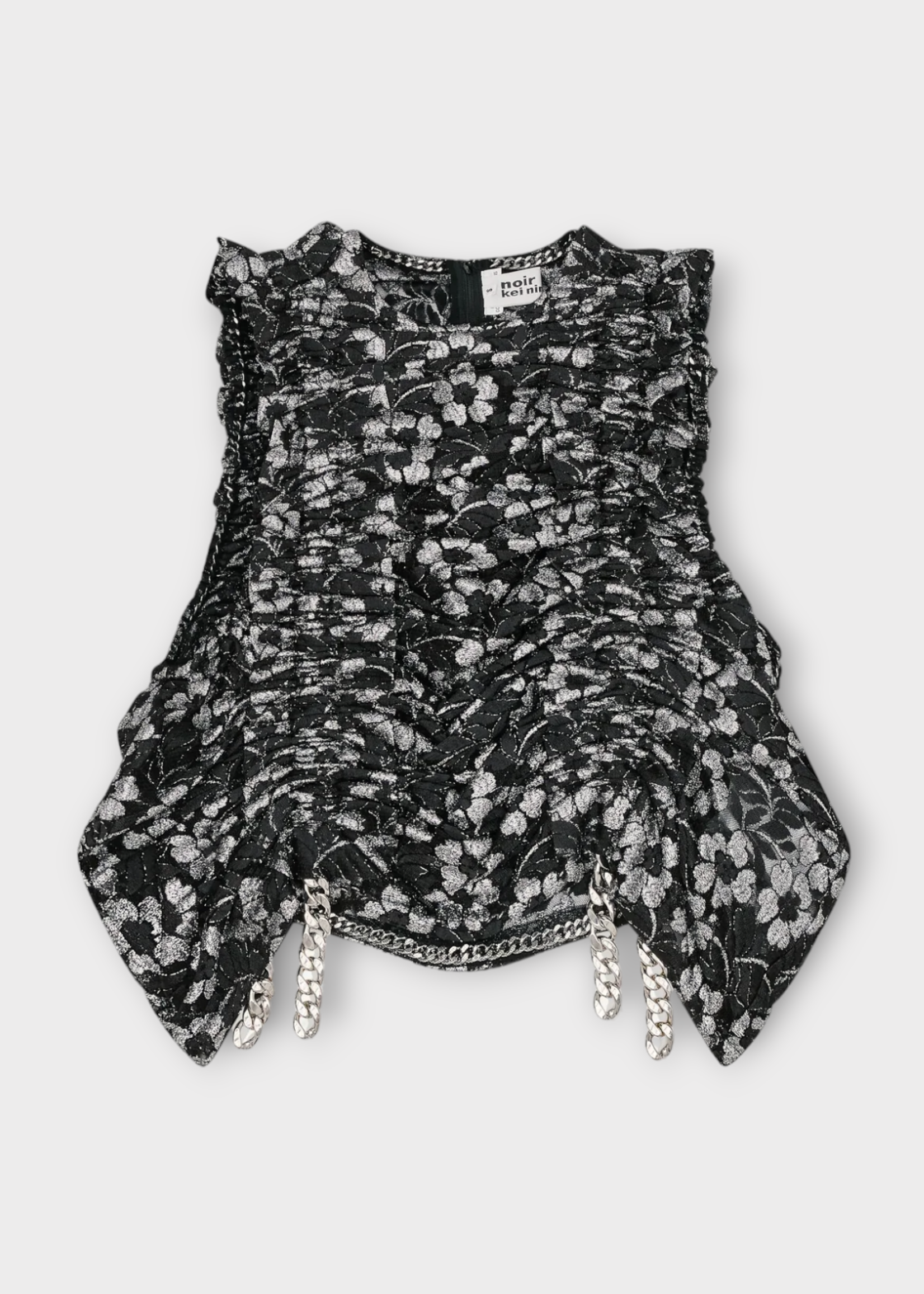 Noir Kei Ninomiya Noir Kei Ninomiya Top, Multi, Sleeveless Ruffled Top In Silver & Black w/ Chain Details