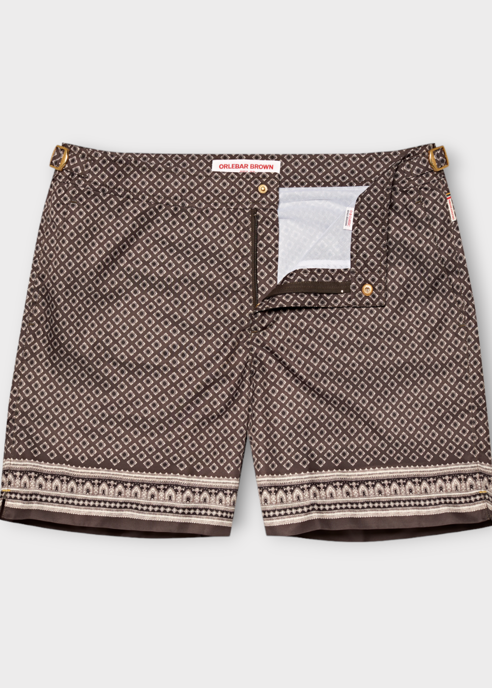 Orlebar Brown Orlebar Brown Swimwear, Print, Bulldog Zip Up Geometric Print Swim Trunks In Truffle
