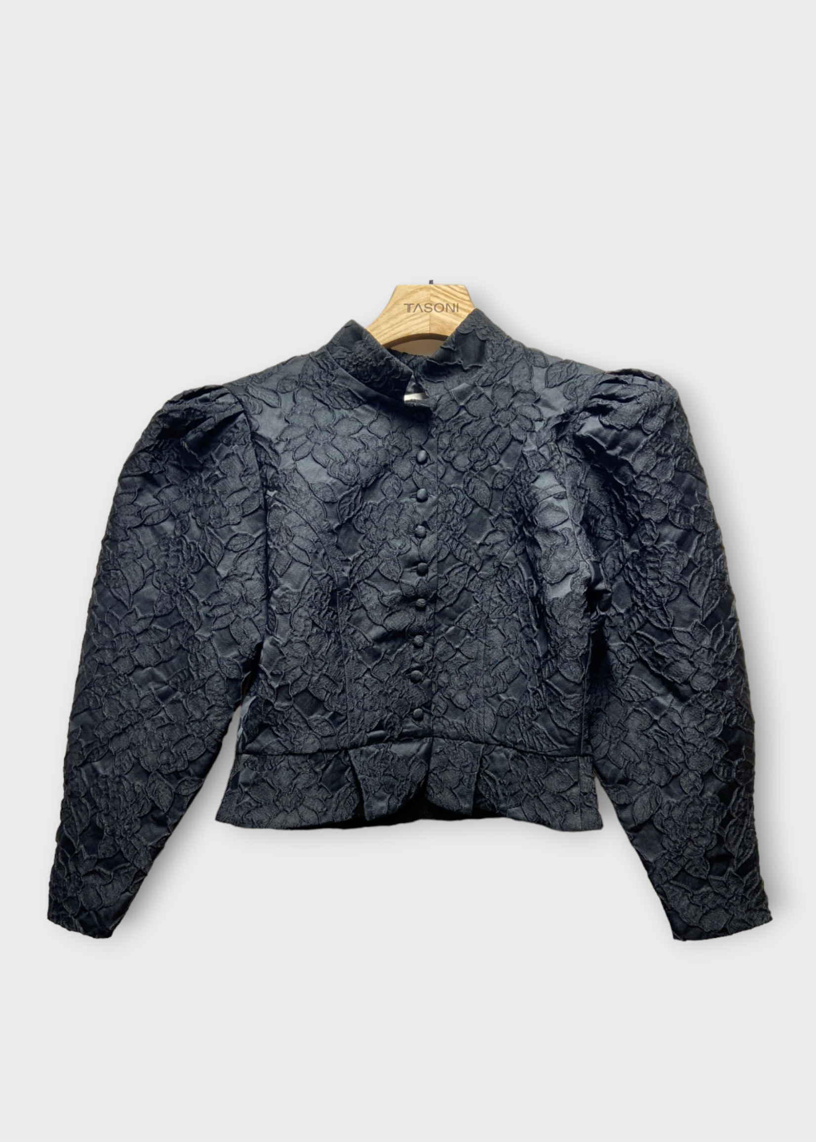Destree Destree Jacket, Black, Amoako Embossed Smart Collared Button Up Cropped Jacket w/ Puffy Shoulders