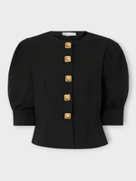 Destree Destree Jacket, Black, Jasper Goffering Balloon Short Sleeves Fitted Button Up Blouse