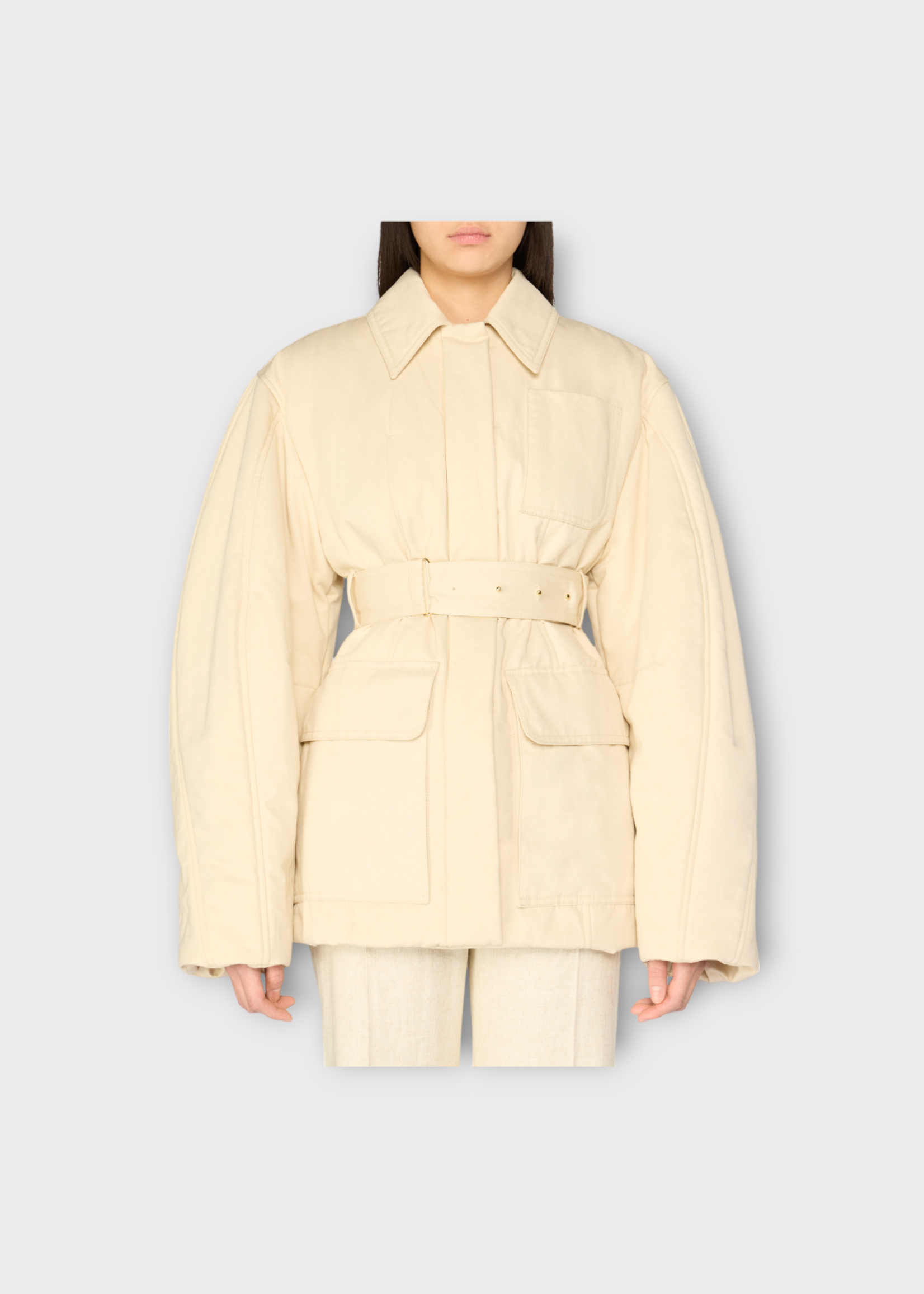 Jacquemus Jacquemus Jacket, Beige, Le Blouson Bari Cotton & Linen Collared Belted Jacket In Beige w/ Logo Patch