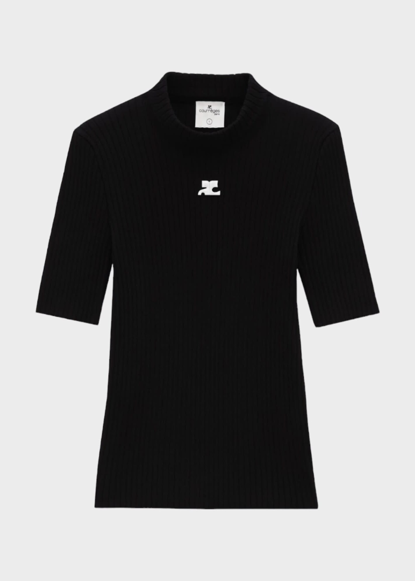 Courreges Courreges Top, Black, Turtle Neck Short Sleeve Ribbed Reedition Top w/ Embroidered Logo