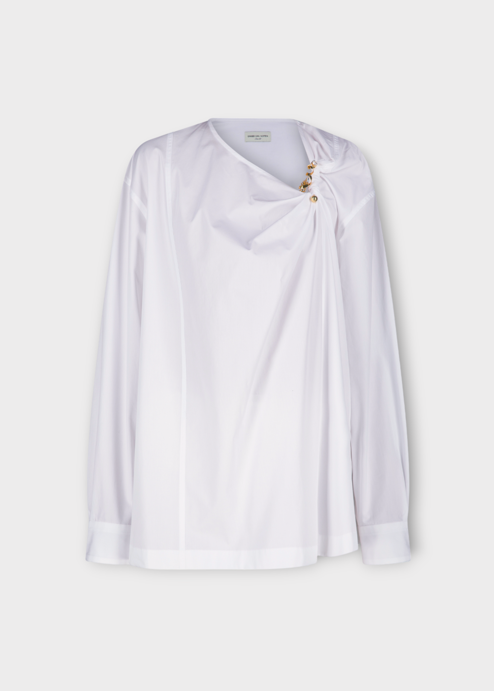 Dries Van Noten Dries Van Noten Shirt, White, Cijou Compact Cotton Asymmetric Neck Shirt In White w/ Gold Detail