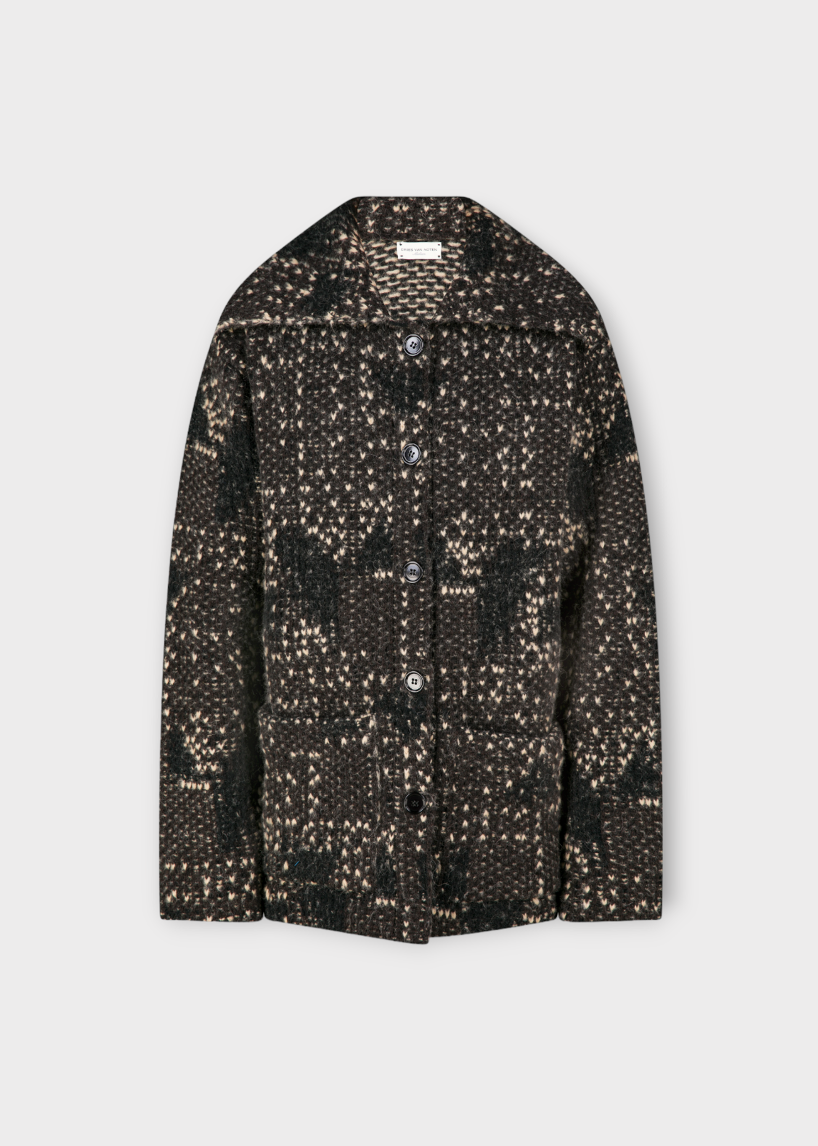 Dries Van Noten Dries Van Noten Knitwear, Brown, Montay Wool Collared Button Up Cardigan In Dark Brown & Black w/ Pockets