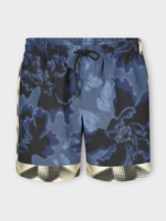 Dries Van Noten Dries Van Noten Swimwear, Print, Phibbs Nylon Drawstring Waist Swim Shorts in Blue & Yellow w/ Engineered Pixel Leaves Print