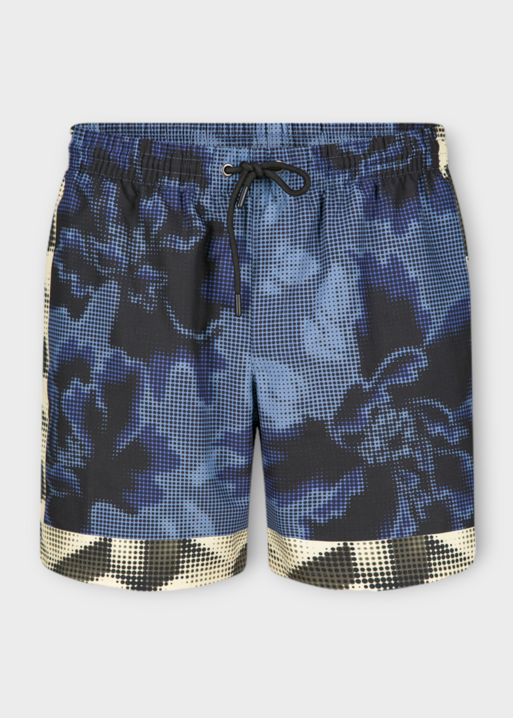 Dries Van Noten Dries Van Noten Swimwear, Print, Phibbs Nylon Drawstring Waist Swim Shorts in Blue & Yellow w/ Engineered Pixel Leaves Print