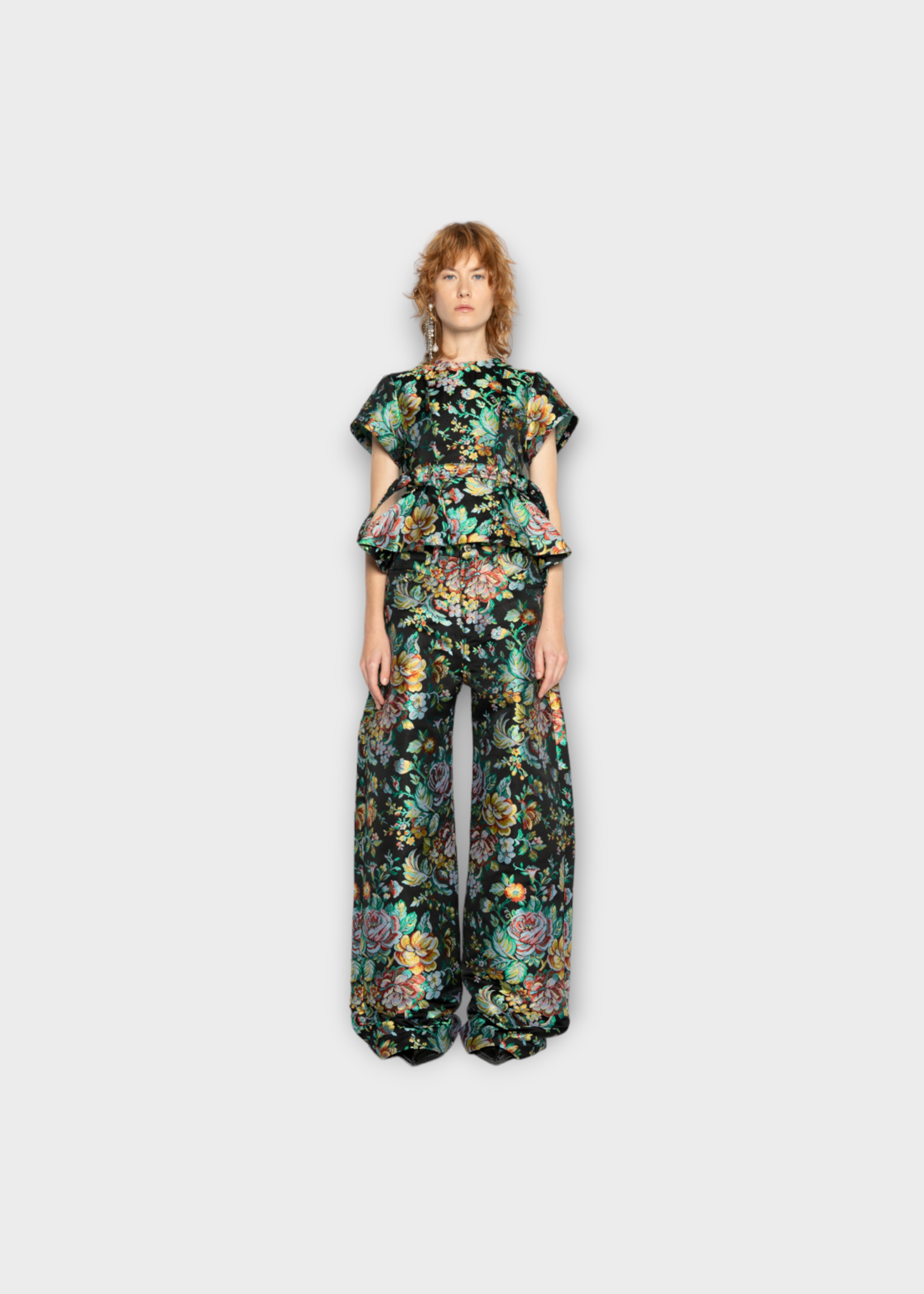 Marques' Almeida Marques' Almeida Trousers, Black, Brocade Flower Boyfriend Wide Leg Cropped Trousers