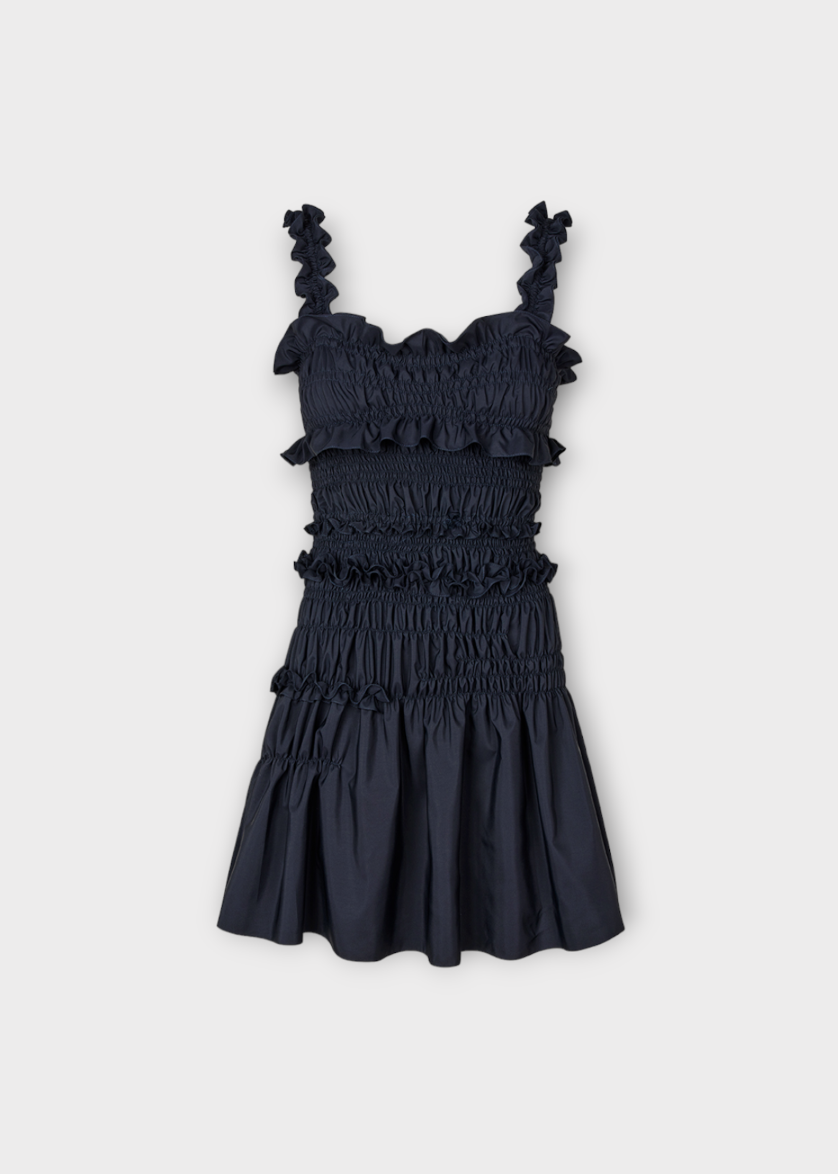 Cecilie Bahnsen Cecilie Bahnsen Dress, Navy, Oona Recycled Faille Fitted Strap Dress In Navy w/ Smock Details