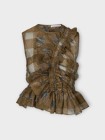 Cecilie Bahnsen Cecilie Bahnsen Top, Brown, Geo Gingham Jacquard Sleeveless Smock Top In Brown w/ Asymmetrical Ruffles