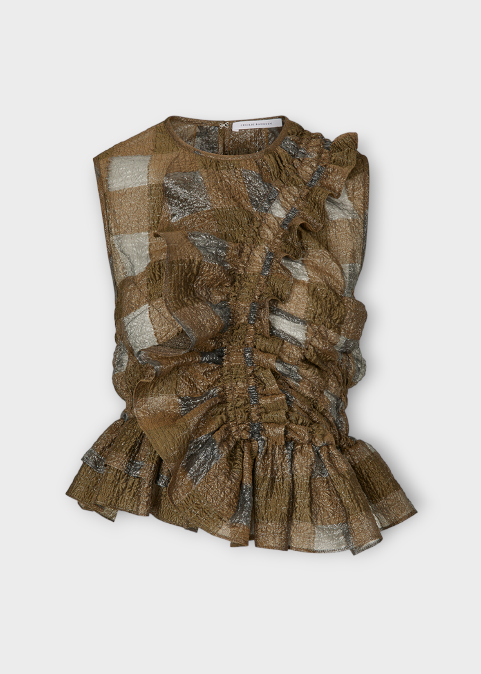 Cecilie Bahnsen Cecilie Bahnsen Top, Brown, Geo Gingham Jacquard Sleeveless Smock Top In Brown w/ Asymmetrical Ruffles
