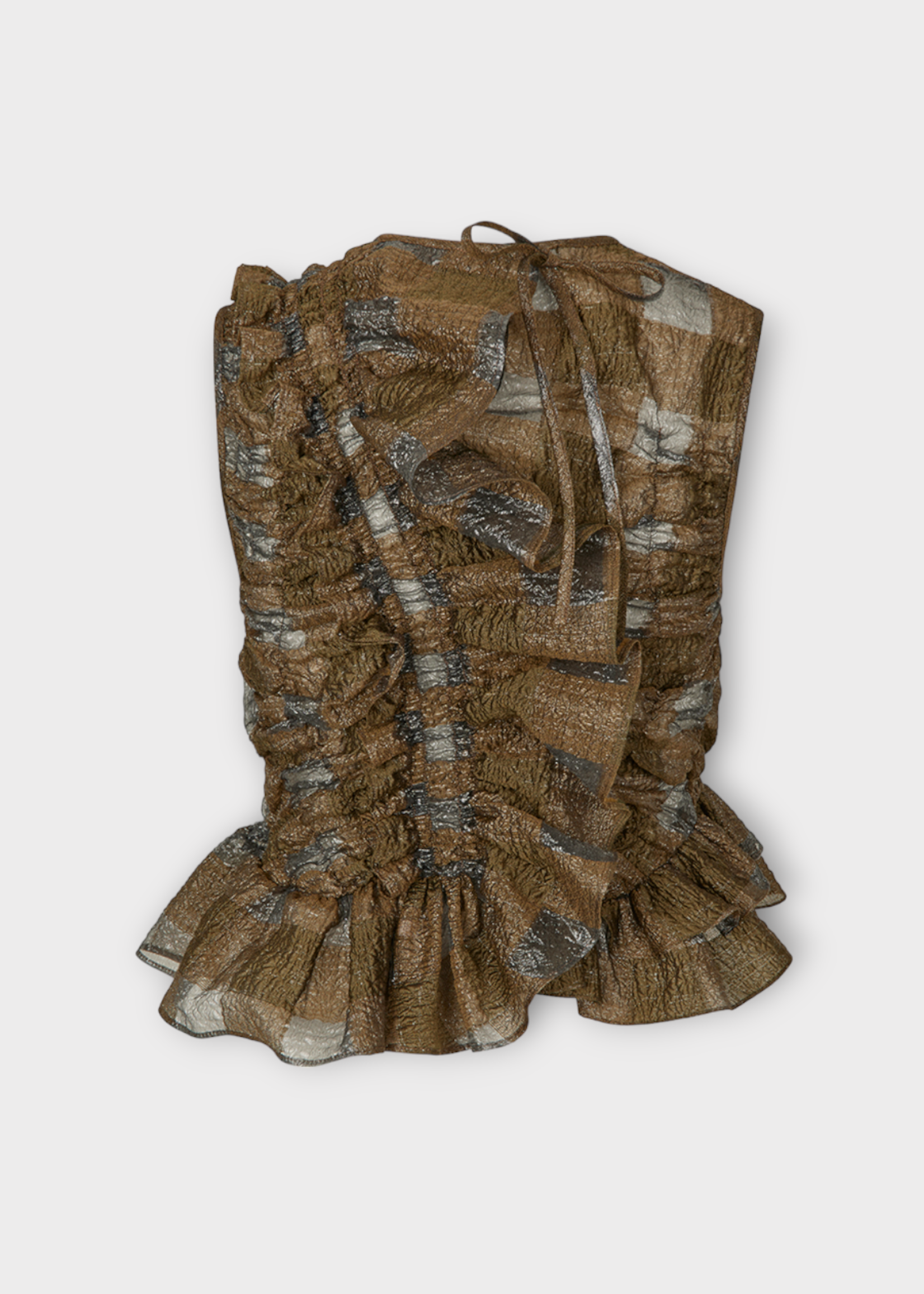 Cecilie Bahnsen Cecilie Bahnsen Top, Brown, Geo Gingham Jacquard Sleeveless Smock Top In Brown w/ Asymmetrical Ruffles