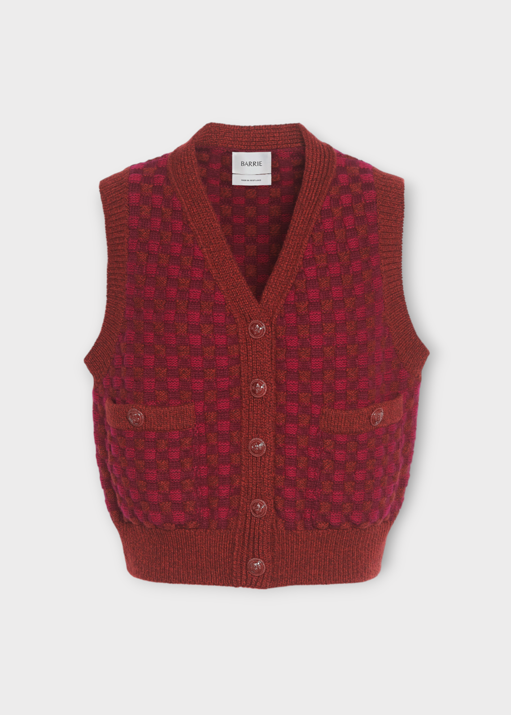 Barrie Barrie Knitwear, Multi, Cashmere V-Neck Button Up Sleeveless Cardigan Vest in Red & Burgundy