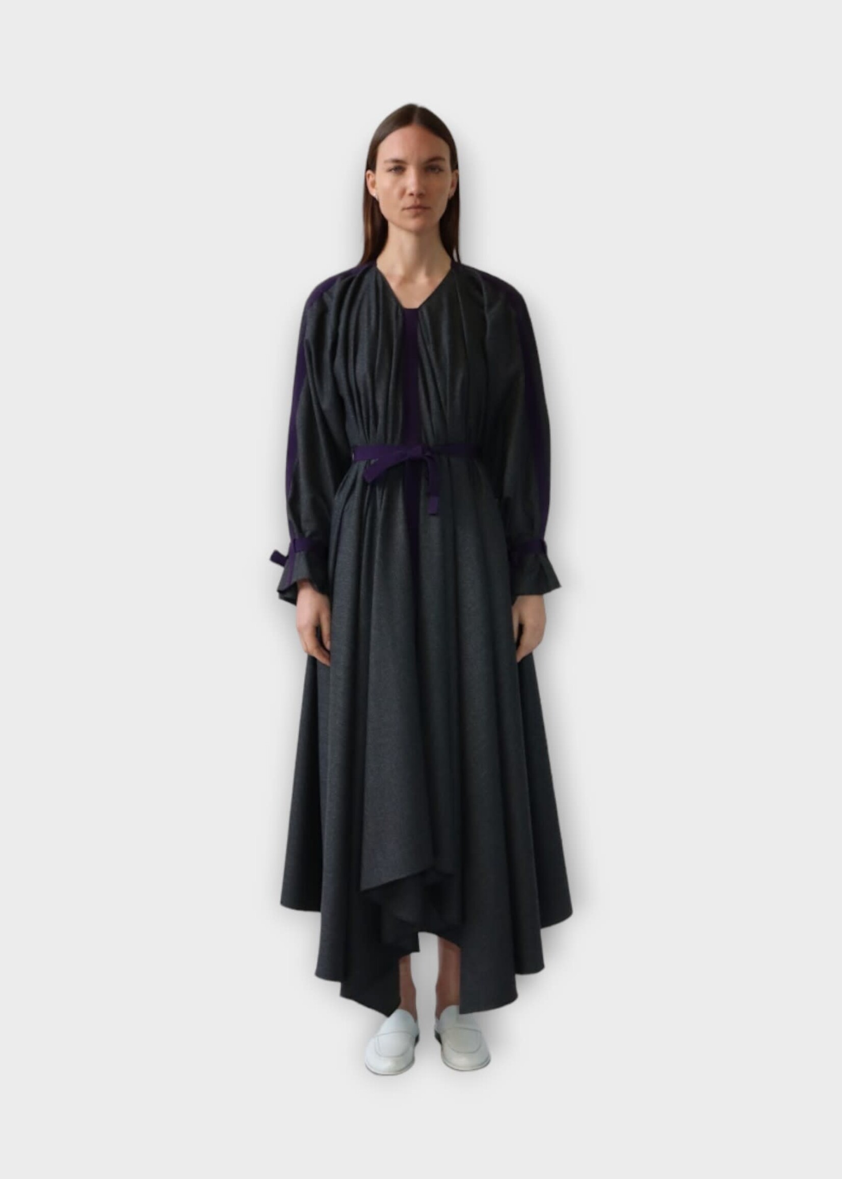 Maison Rabih Kayrouz Maison Rabih Kayrouz Dress, Grey, V-Neck Long Sleeve Belted Long Dress In Anthracite & Purple