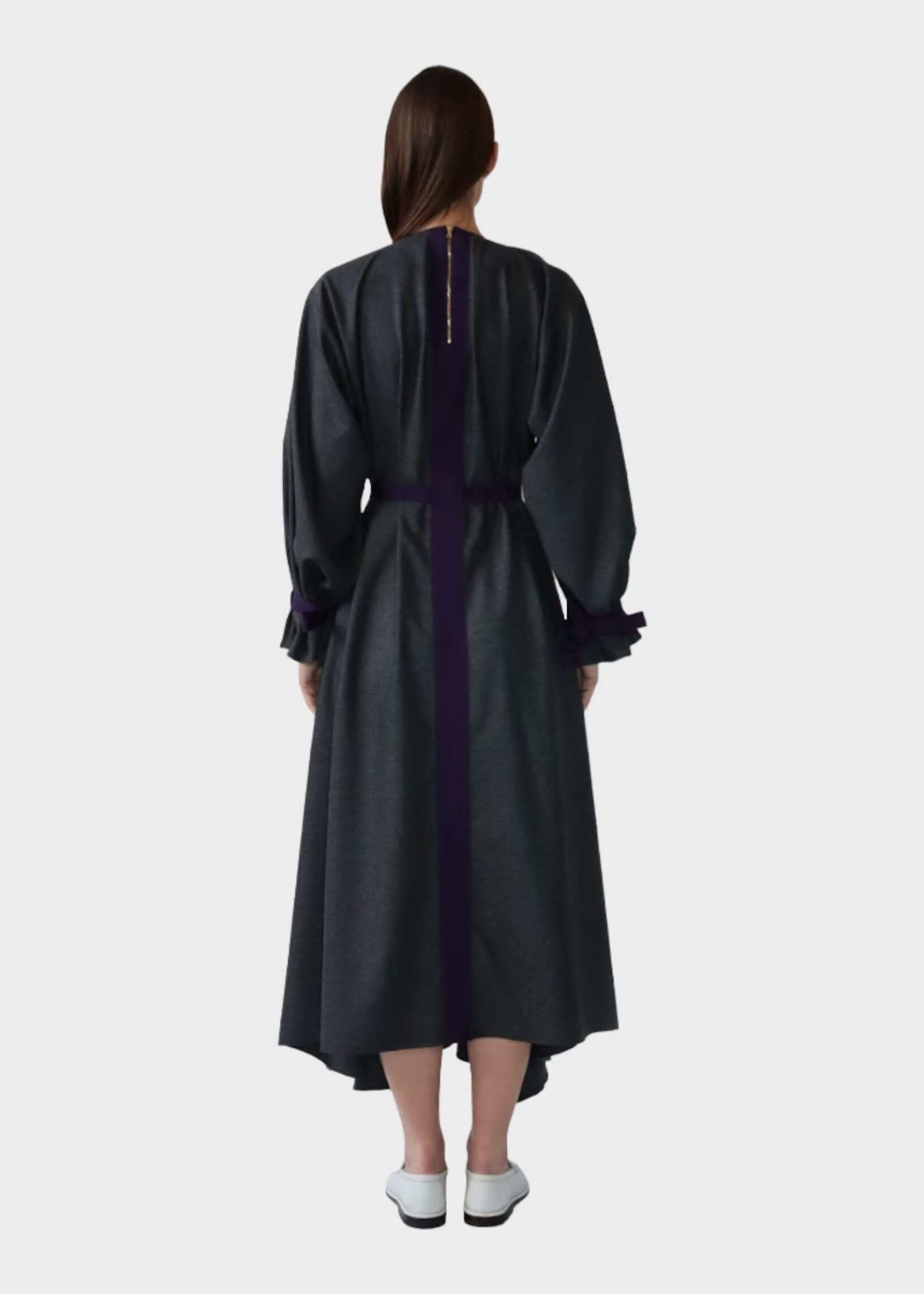 Maison Rabih Kayrouz Maison Rabih Kayrouz Dress, Grey, V-Neck Long Sleeve Belted Long Dress In Anthracite & Purple