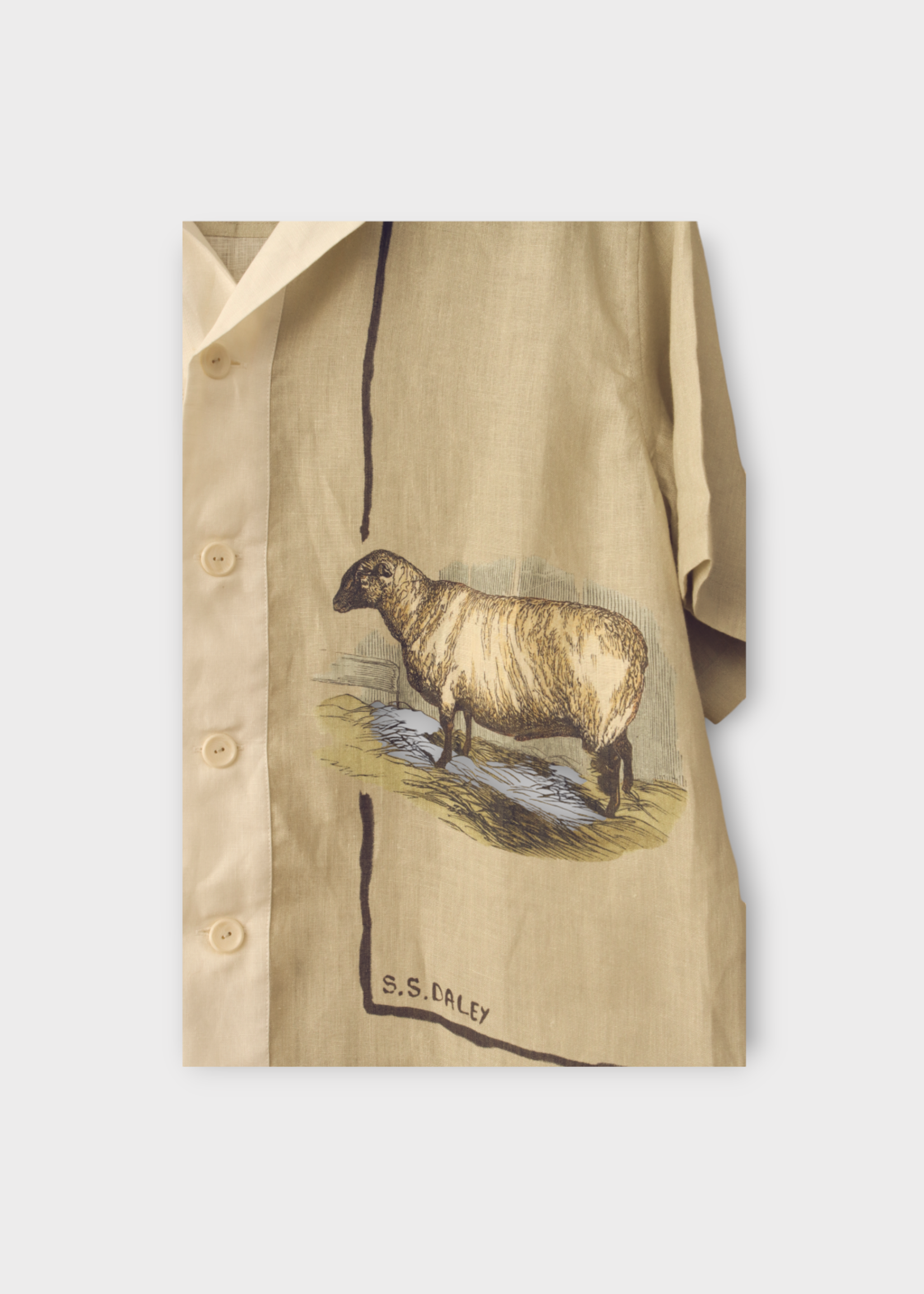 S.S.Daley S.S.Daley Shirt, Print, Linen Collared Short Sleeve in Green & White Shirt w/ Lancashire Sheep Print