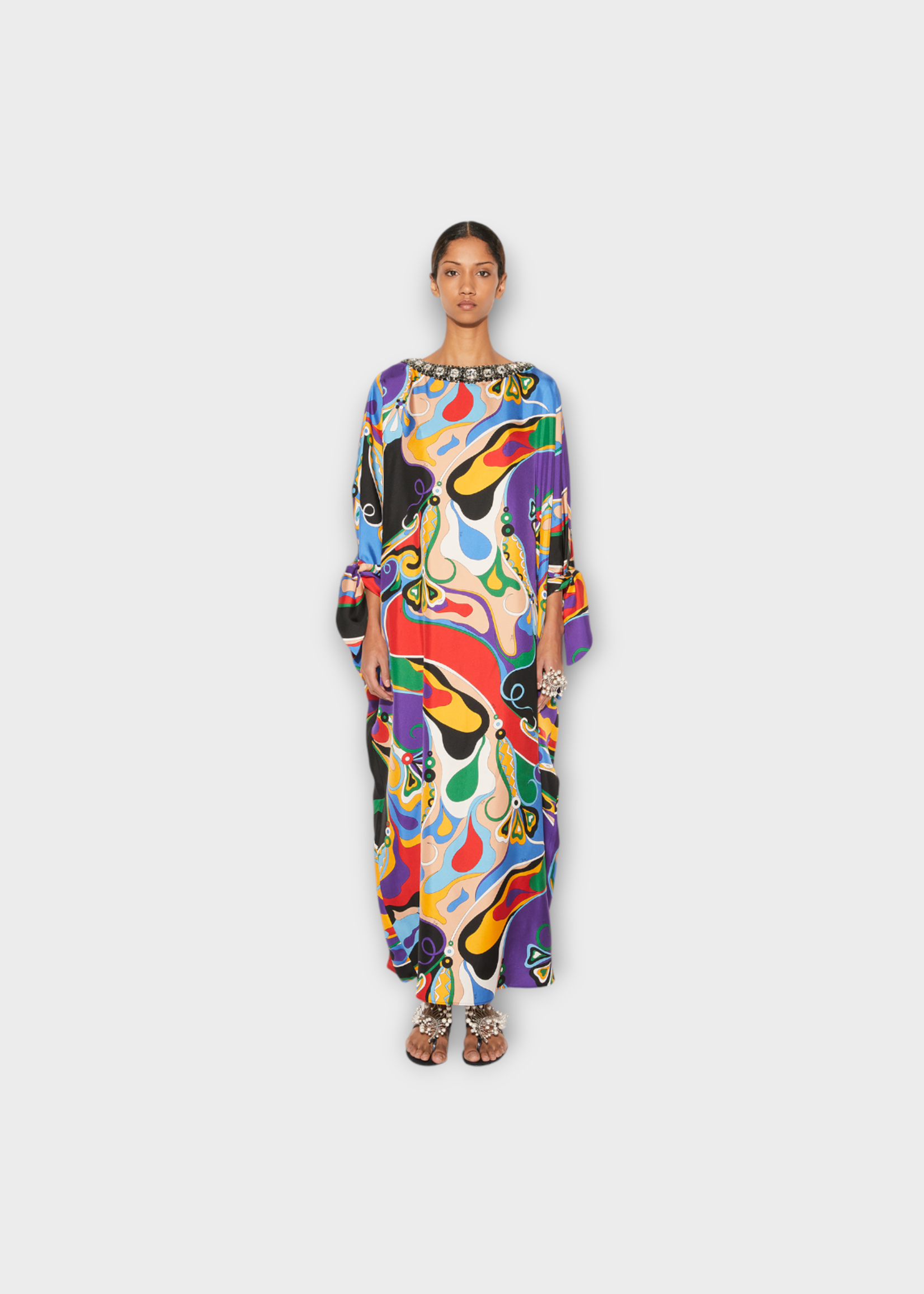 Emilio Pucci Emilio Pucci Dress, Print, Silk Embelished Crystals Neck Long Sleeve Kaftan Dress In Multicolour Orchidee Print