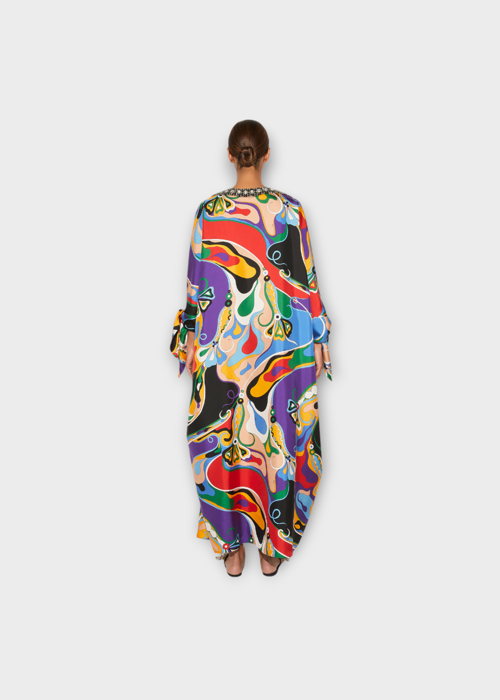 Emilio Pucci Emilio Pucci Dress, Print, Silk Embelished Crystals Neck Long Sleeve Kaftan Dress In Multicolour Orchidee Print