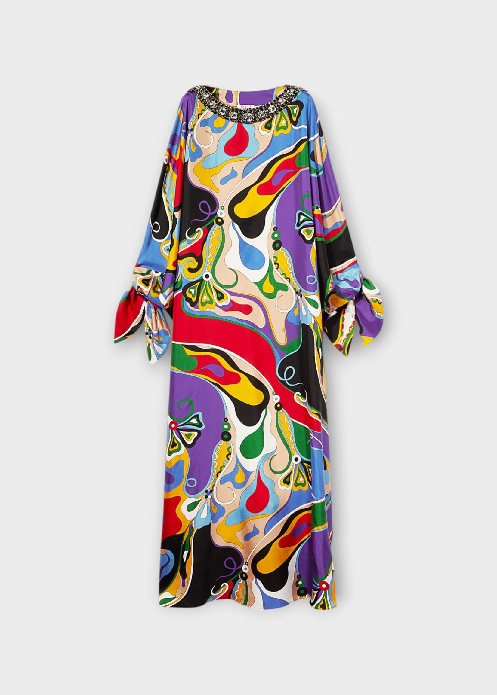 Emilio Pucci Emilio Pucci Dress, Print, Silk Embelished Crystals Neck Long Sleeve Kaftan Dress In Multicolour Orchidee Print