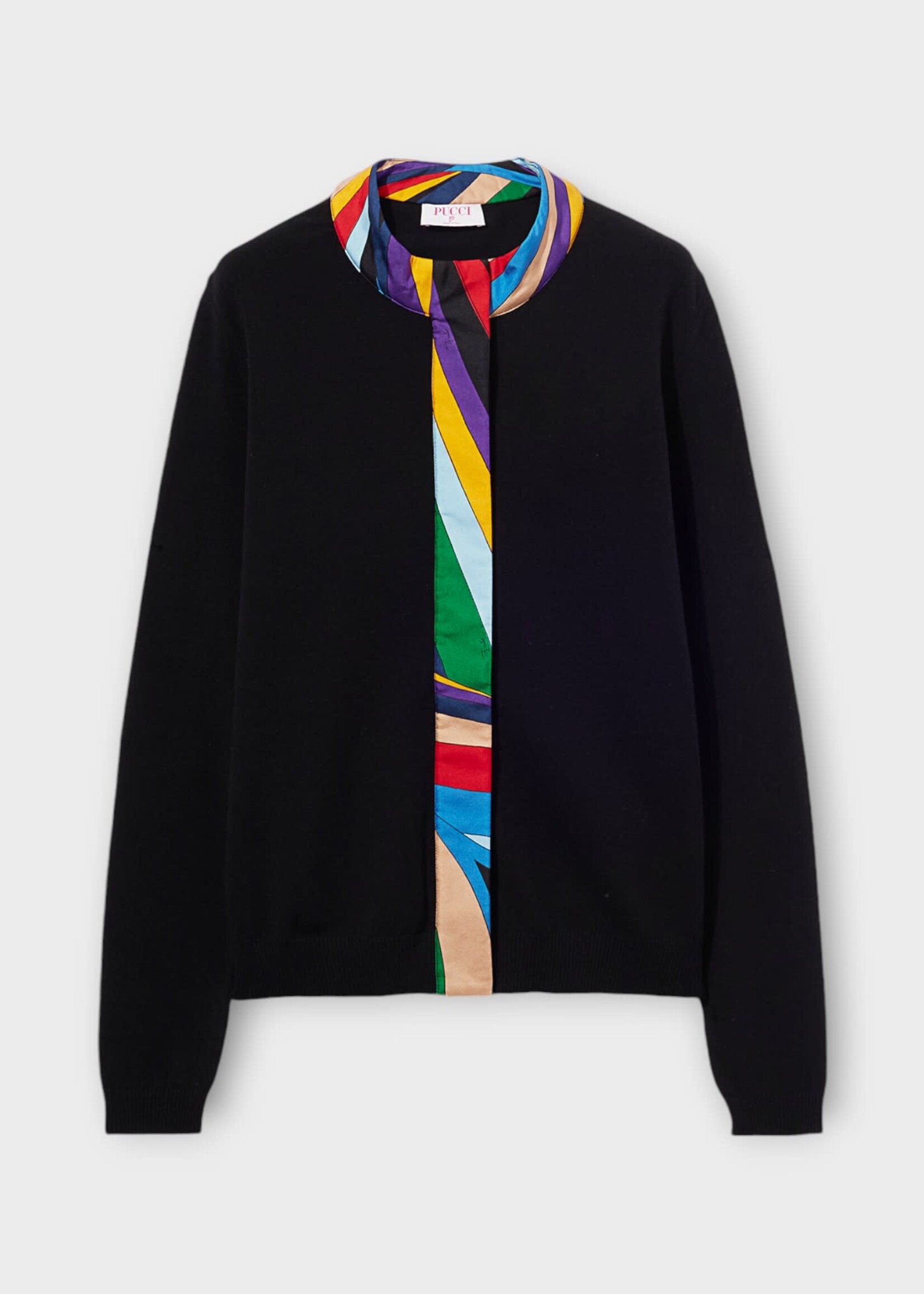 Emilio Pucci Emilio Pucci Knitwear, Black, Crew Neck Button Up Cardigan w/ Silk Edges Details