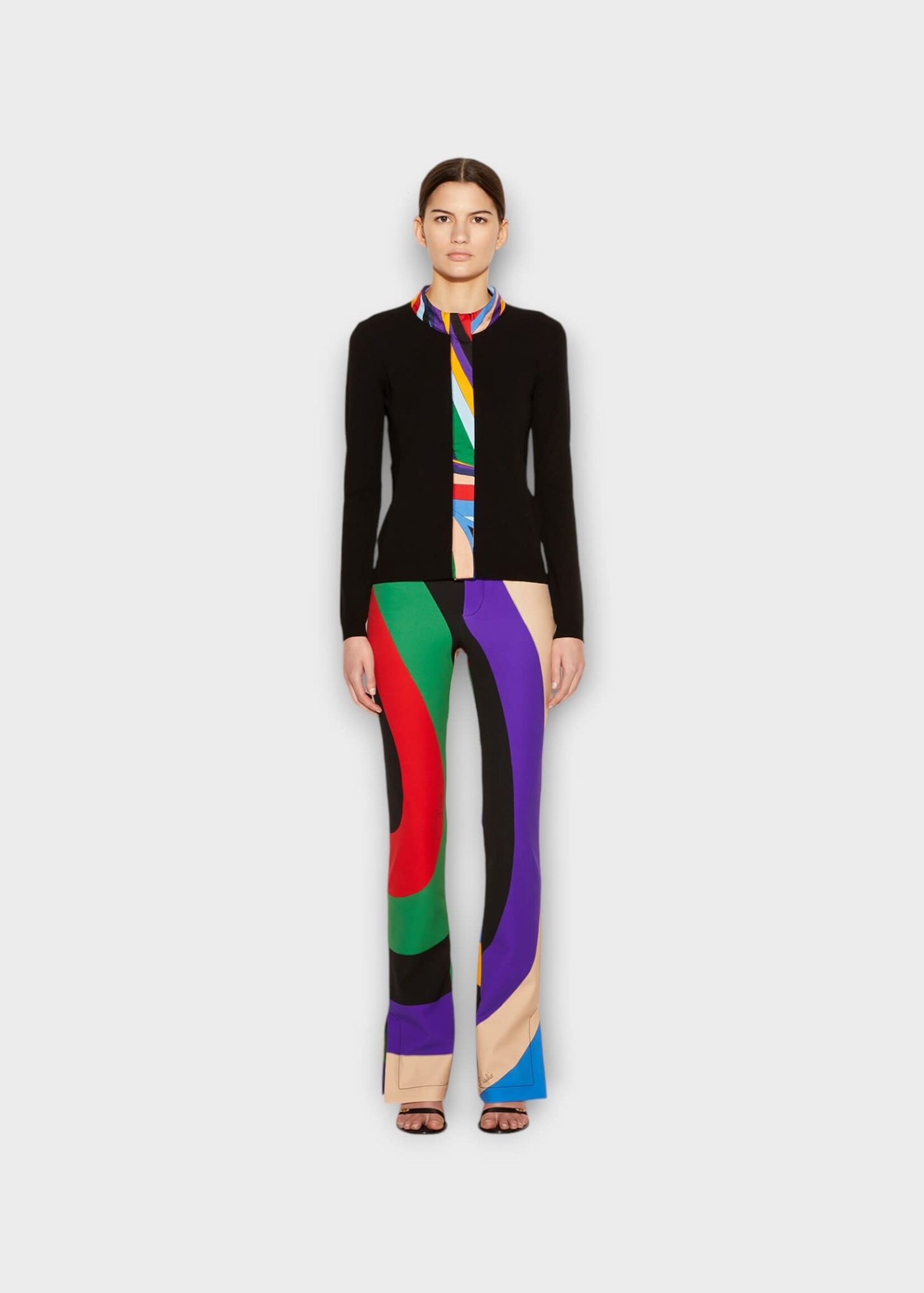 Emilio Pucci Emilio Pucci Knitwear, Black, Crew Neck Button Up Cardigan w/ Silk Edges Details