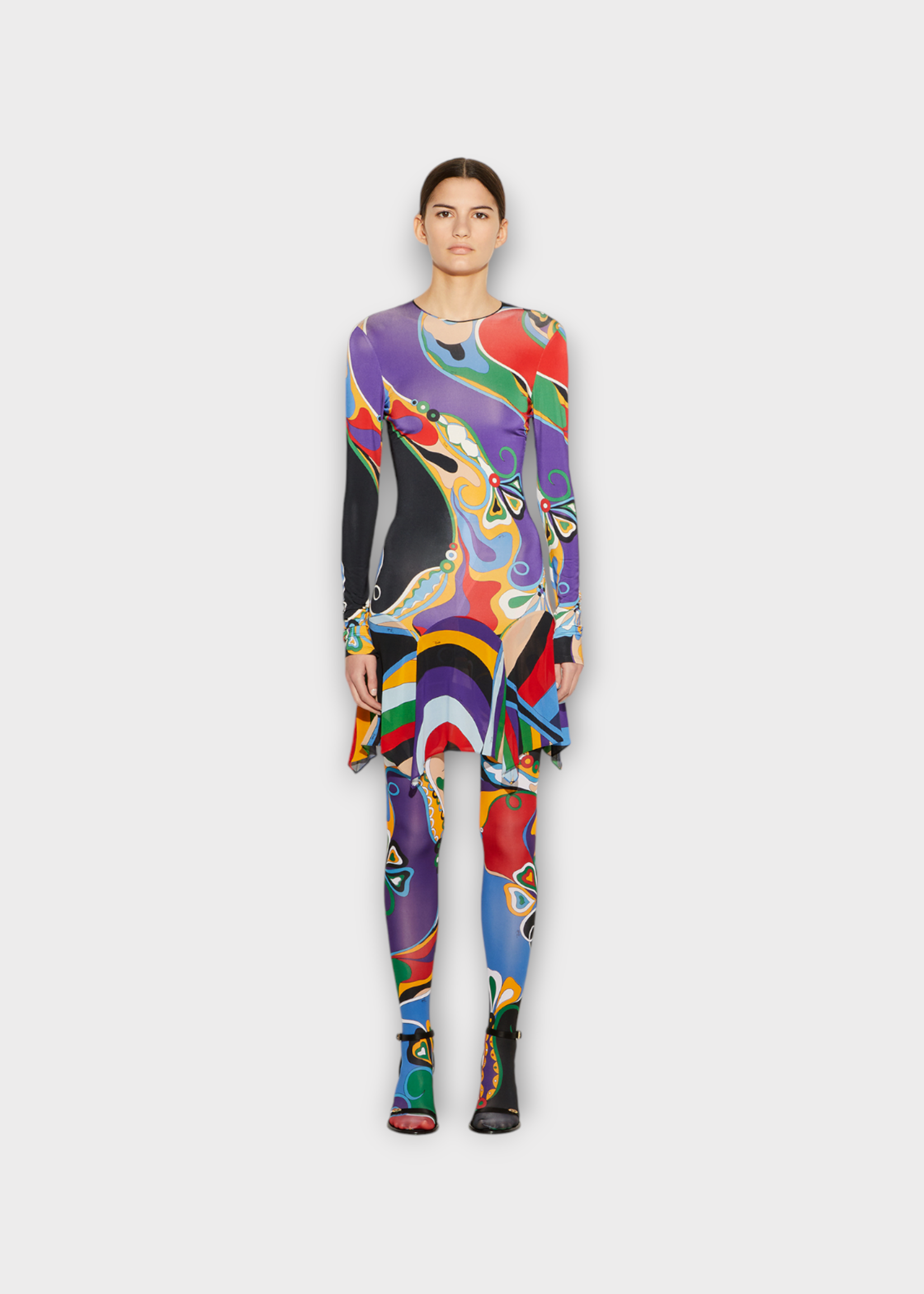 Emilio Pucci Emilio Pucci Dress, Print, Jersey Satin Crew Neck Long Sleeve Dress In Multicolour Orchidee Print