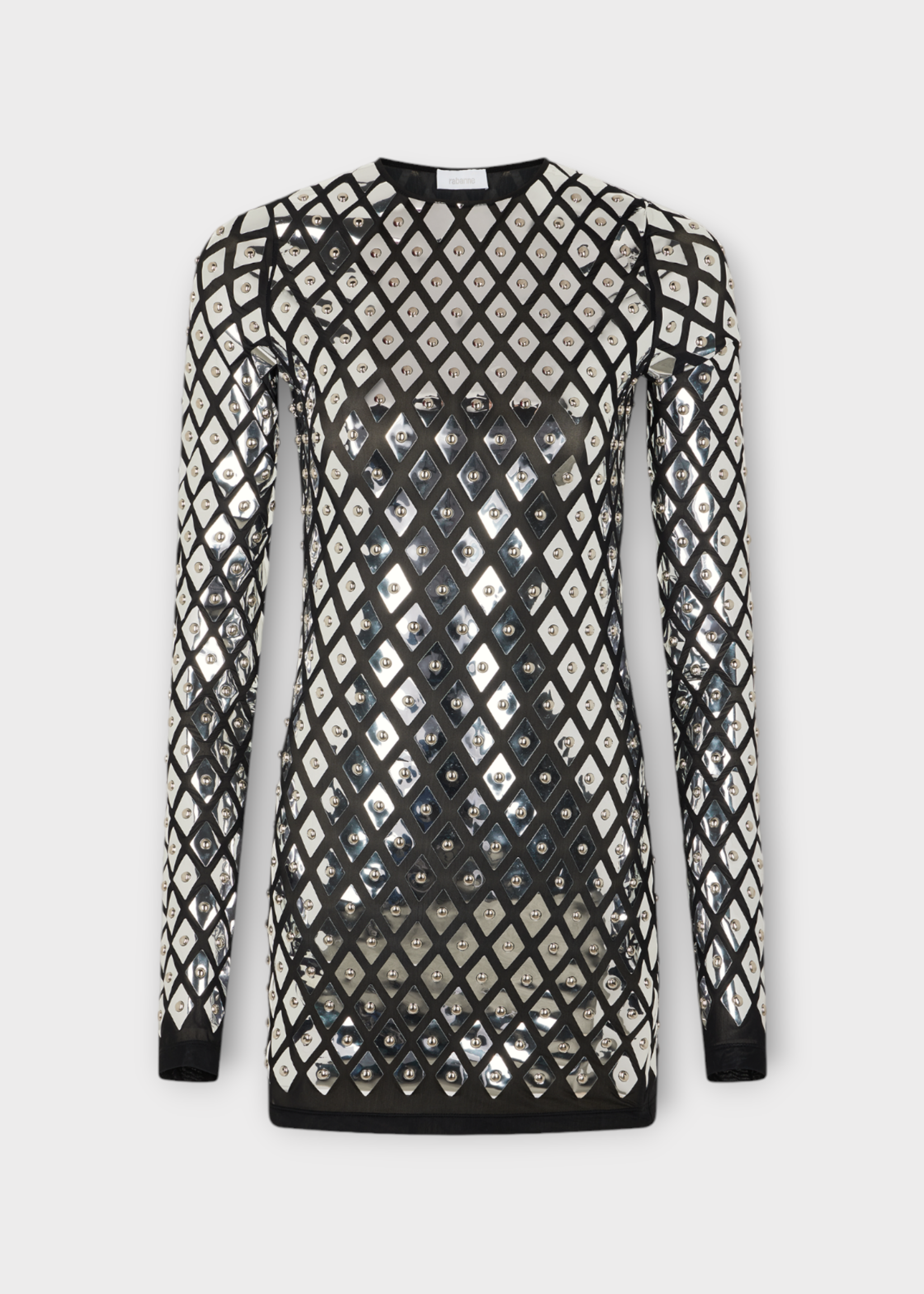 Rabanne Rabanne Dress, Black, Second Skin Crew Neck Long Sleeve Mini Dress In Black w/ Metal Embellishment
