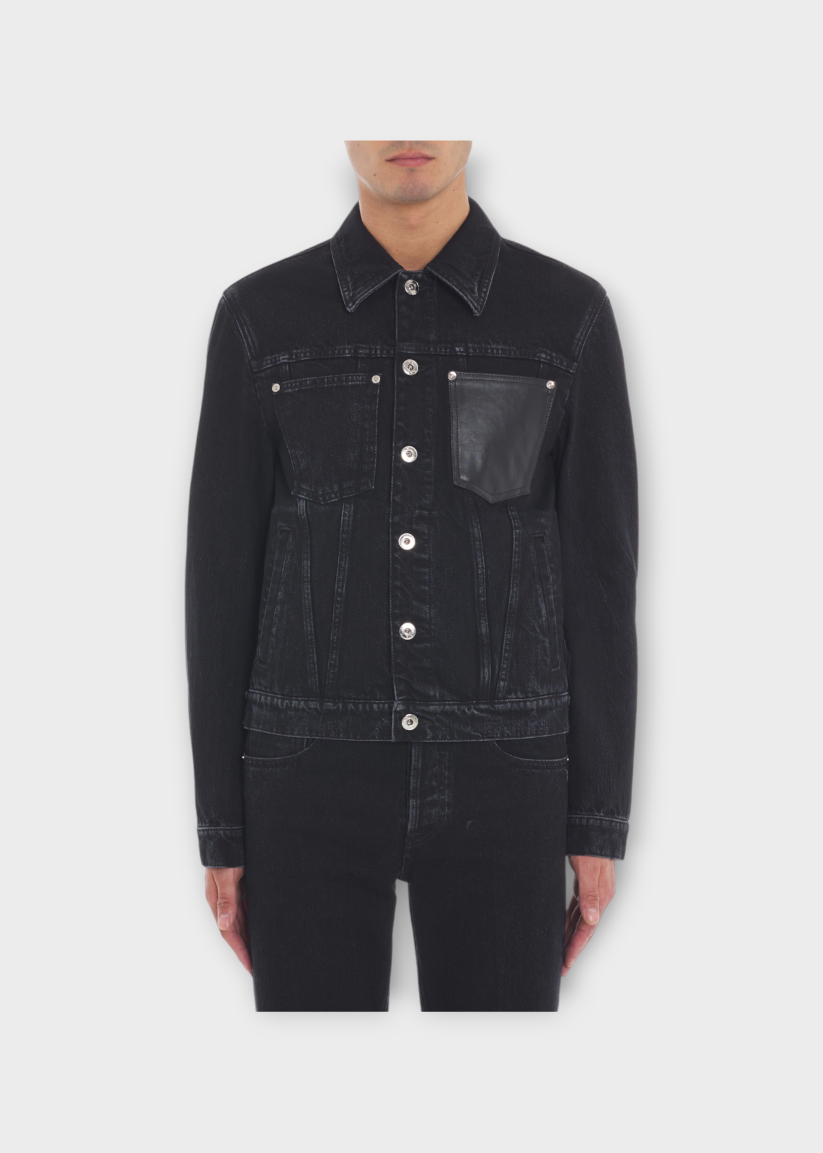 Lanvin Lanvin Jacket, Black, Cotton Denim Collared Regular Fit Jacket w/ Leather Pocket Detail