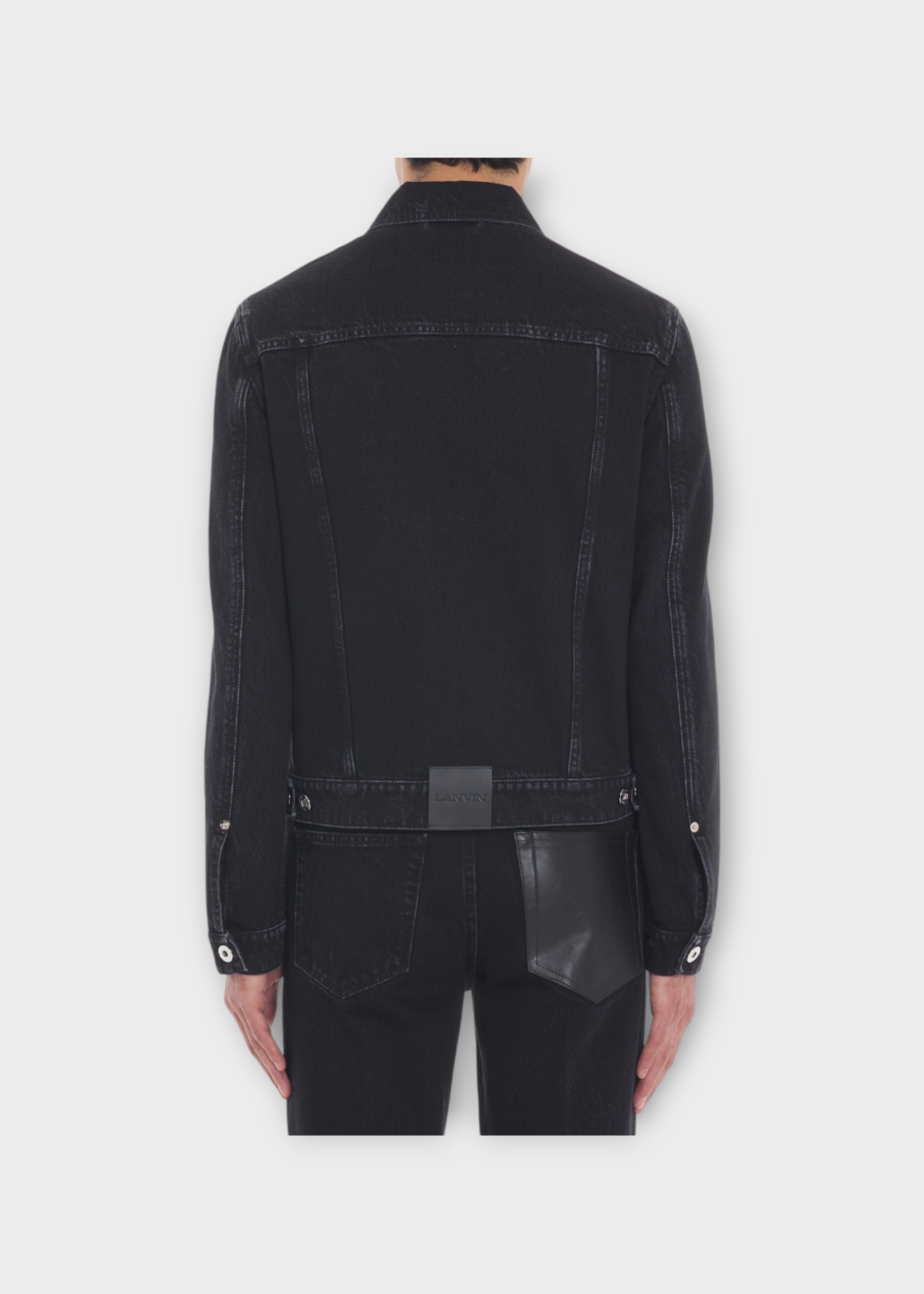 Lanvin Lanvin Jacket, Black, Cotton Denim Collared Regular Fit Jacket w/ Leather Pocket Detail