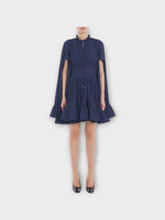 Lanvin Lanvin Dress, Blue, Short Batwing Sleeves Ruffled Belted Dress In Ink Blue