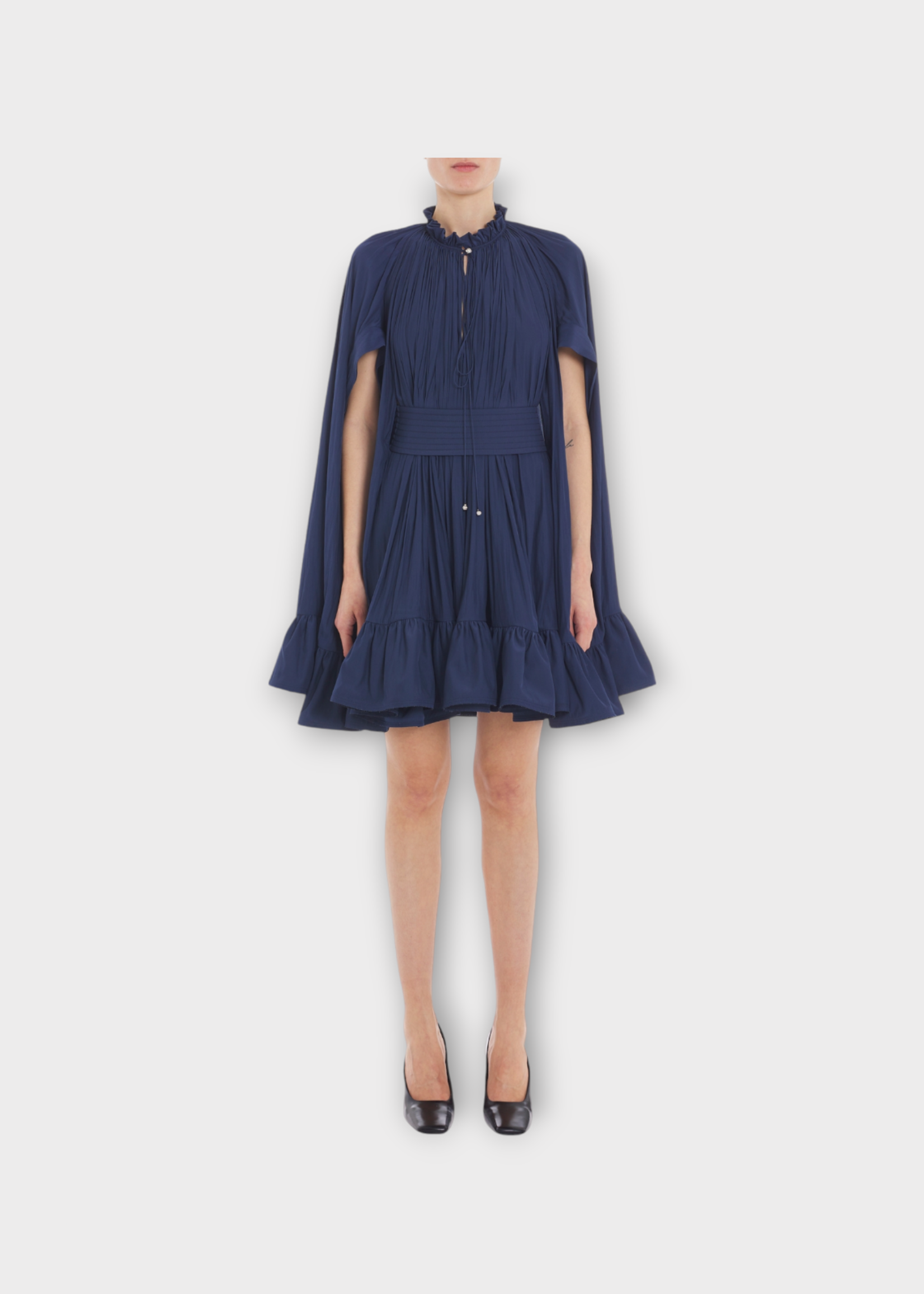 Lanvin Lanvin Dress, Blue, Short Batwing Sleeves Ruffled Belted Dress In Ink Blue
