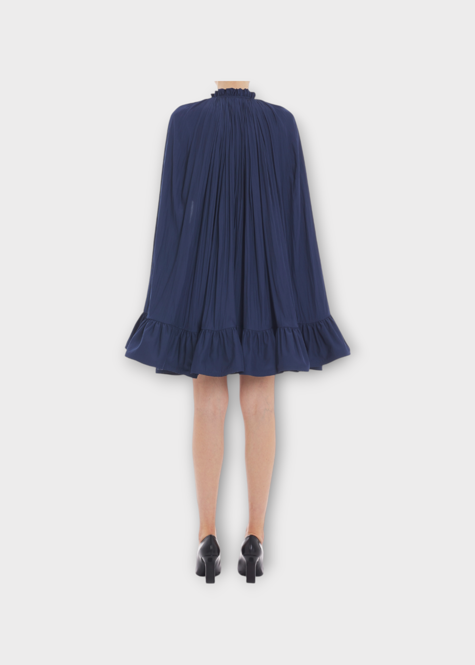 Lanvin Lanvin Dress, Blue, Short Batwing Sleeves Ruffled Belted Dress In Ink Blue