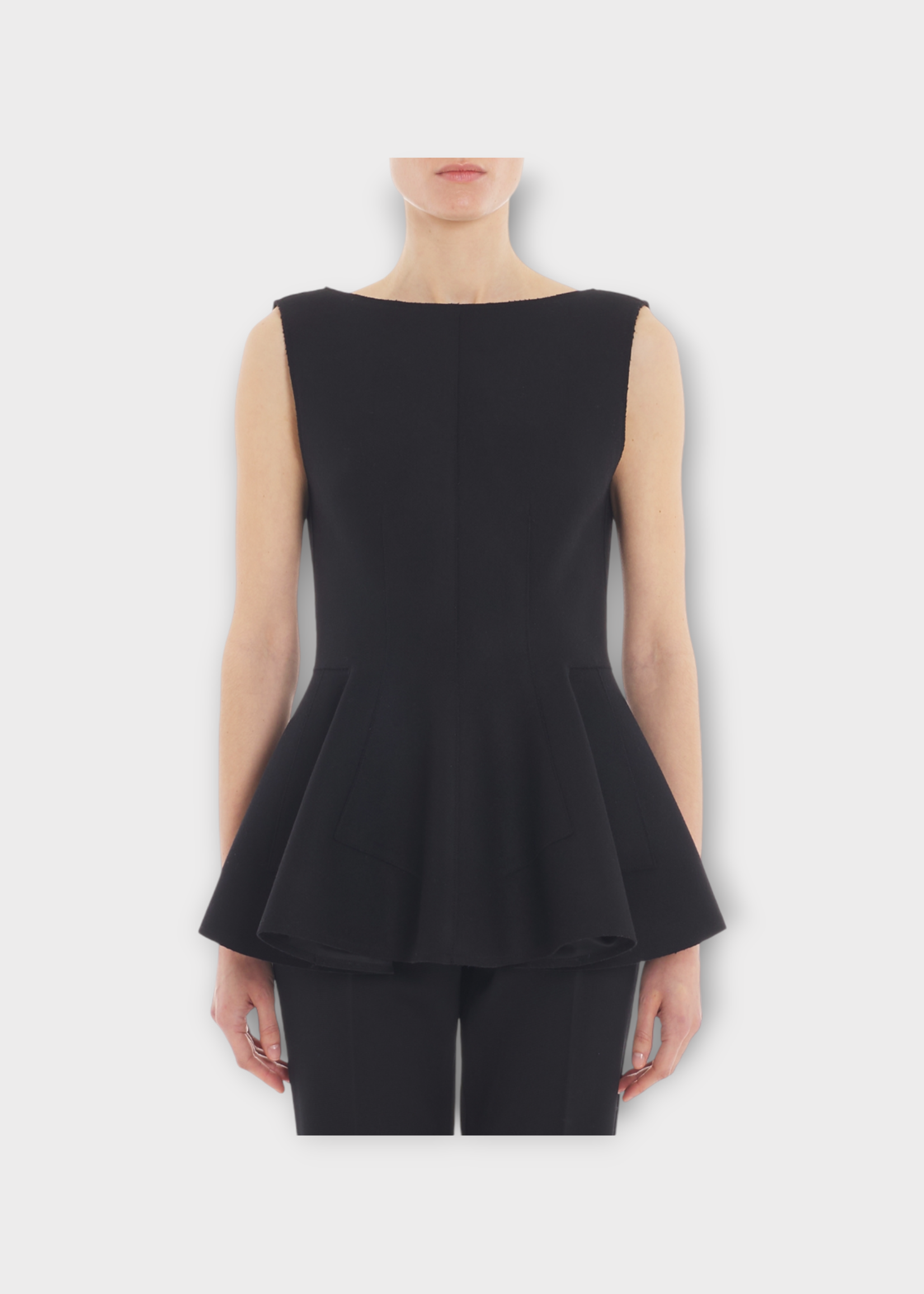 Lanvin Lanvin Top, Black, Virgin Wool Boat Neck Sleeveless Flared Peplum Top