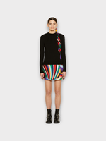 Emilio Pucci Emilio Pucci Knitwear, Black, Ruffled Crew Neck Knitwear w/ Iride Silk Ribbon Details