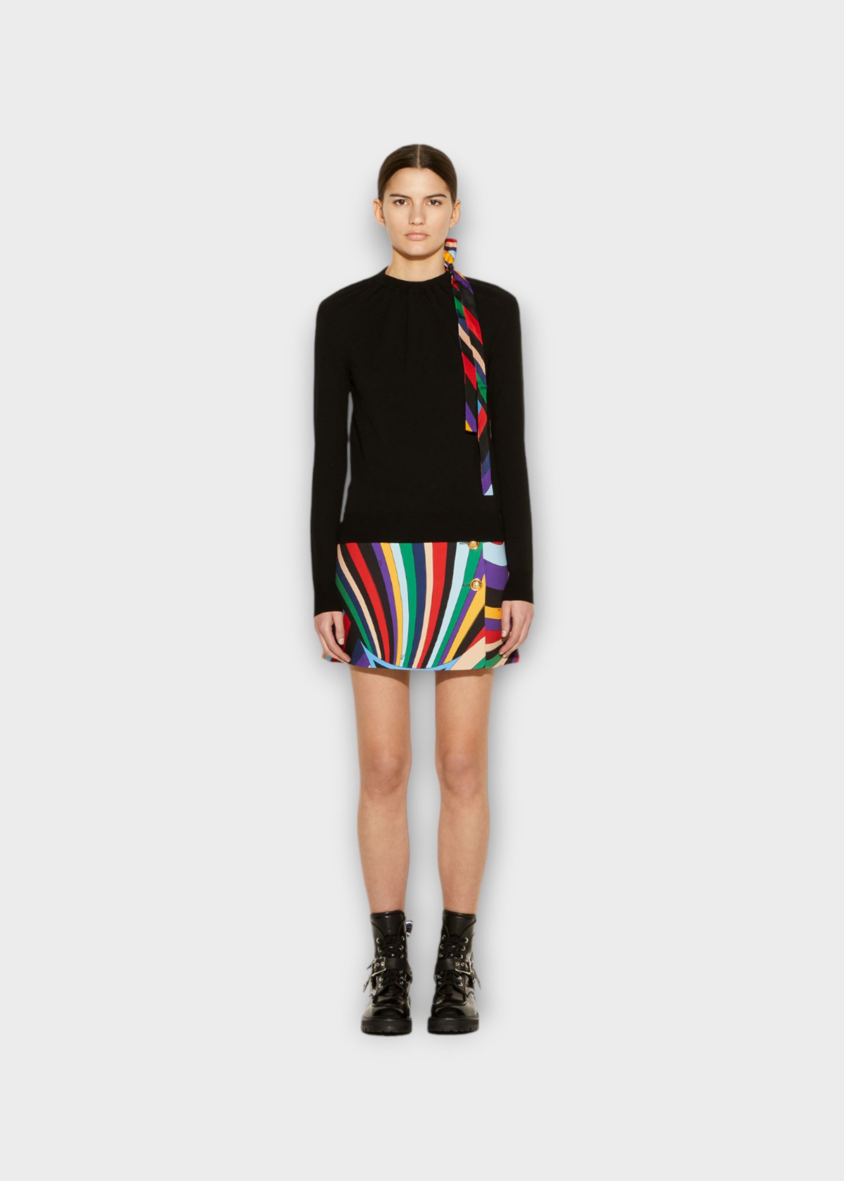 Emilio Pucci Emilio Pucci Knitwear, Black, Ruffled Crew Neck Knitwear w/ Iride Silk Ribbon Details