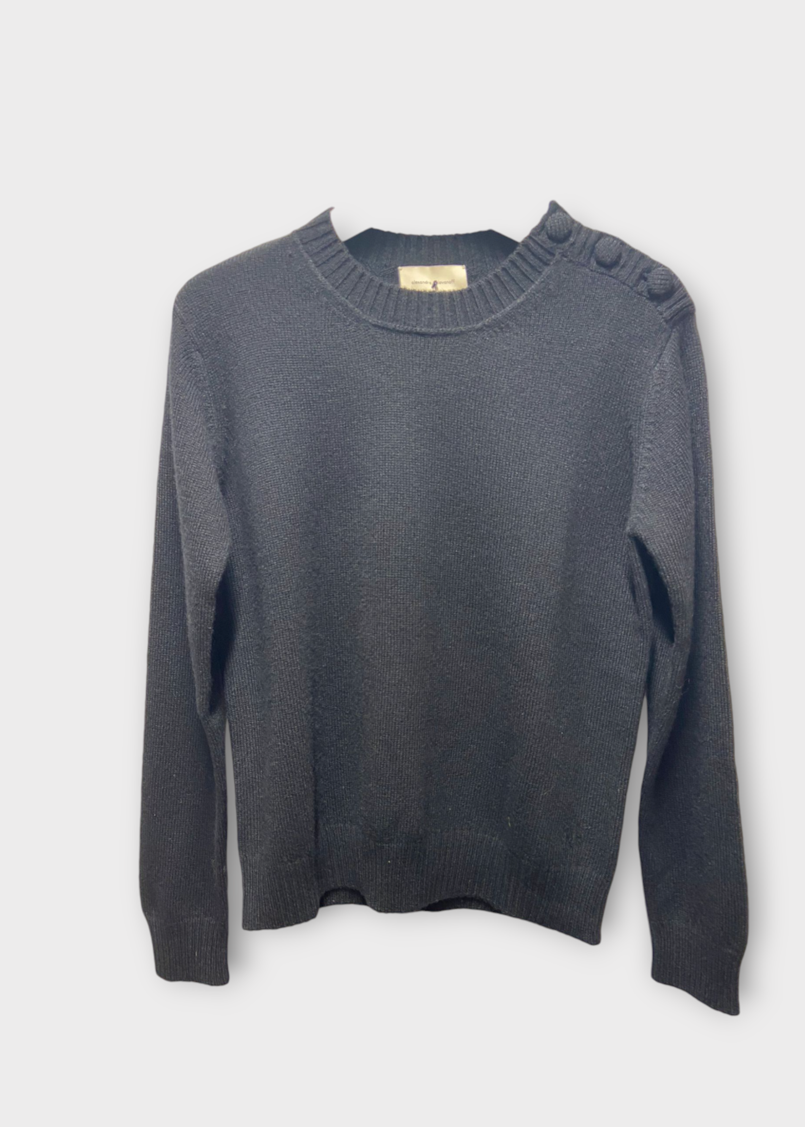 Alexandra Golovanoff Alexandra Golovanoff Knitwear, Black, Coco Cashmere Crew Neck Pullover In Black w/ Buttons Detail