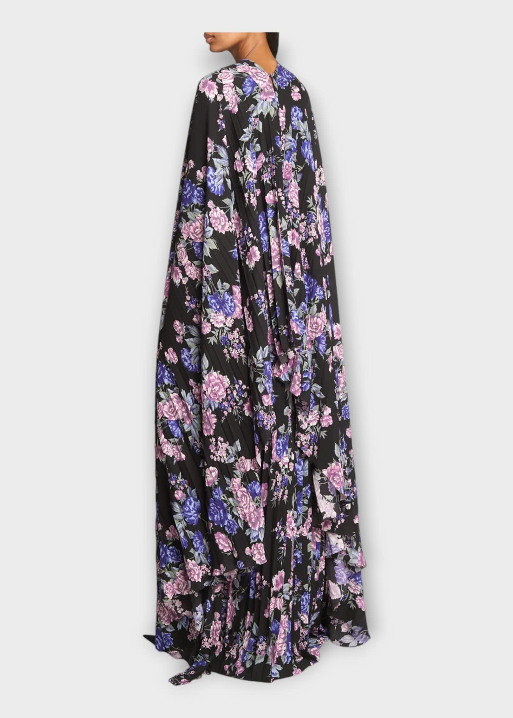 Balenciaga Balenciaga Dress, Print, V-Neck Circle Pleated Long Dress in Black & Purple w/ Flower Print