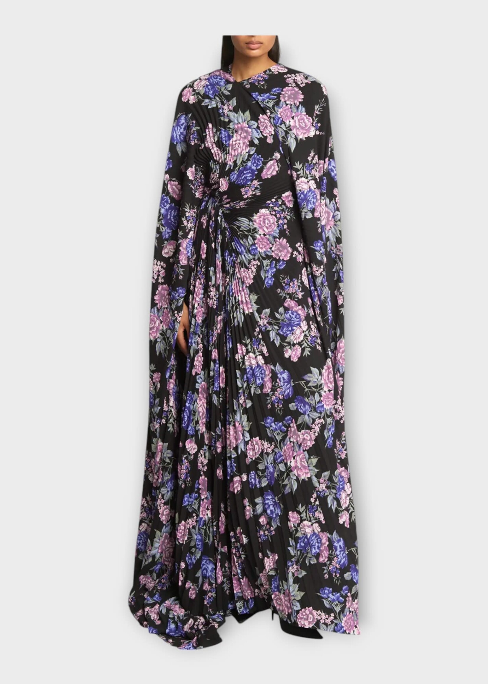 Balenciaga Balenciaga Dress, Print, V-Neck Circle Pleated Long Dress in Black & Purple w/ Flower Print