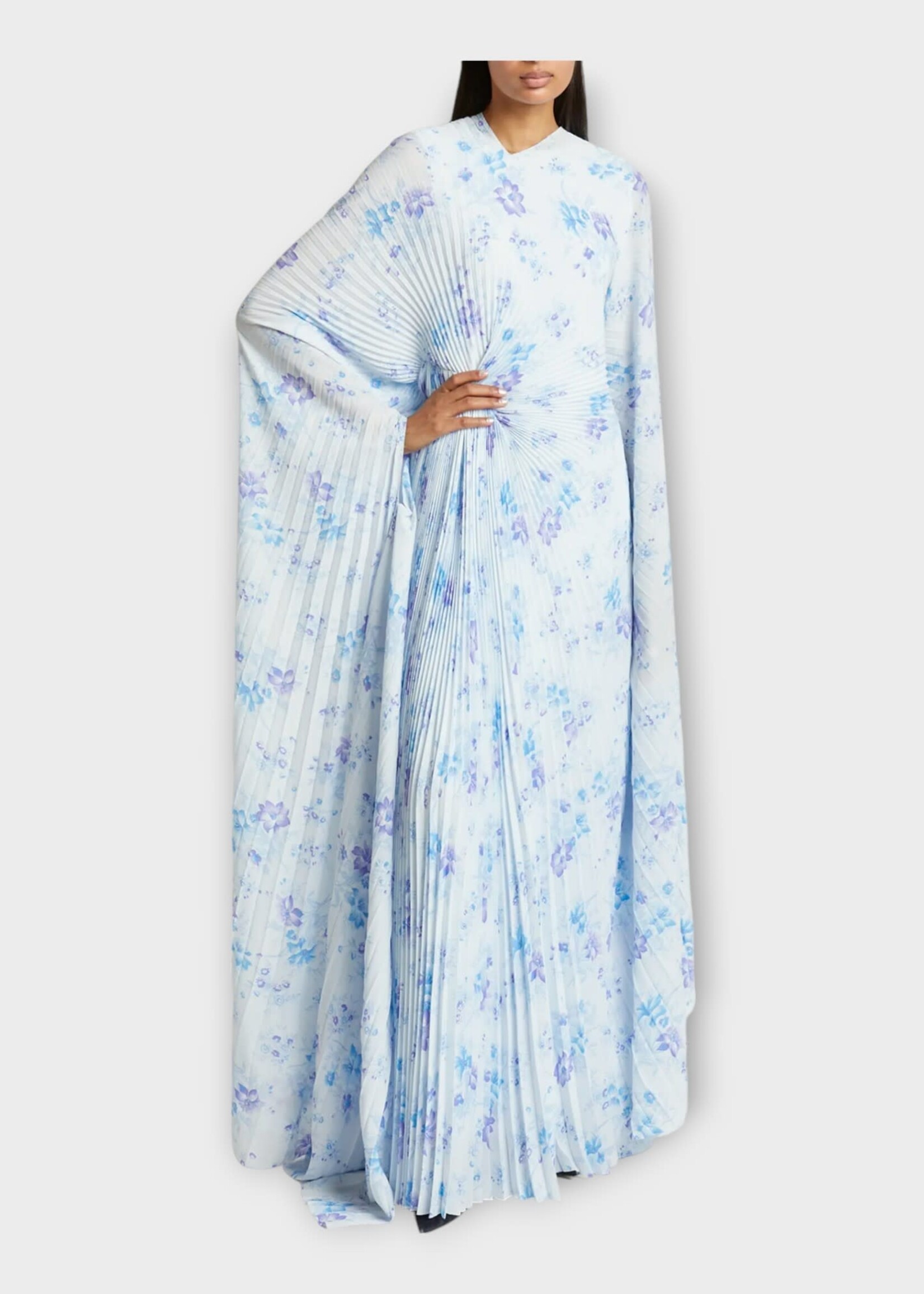Balenciaga Balenciaga Dress, Print, V-Neck Circle Pleated Long Dress in White & Blue w/ Flower Print