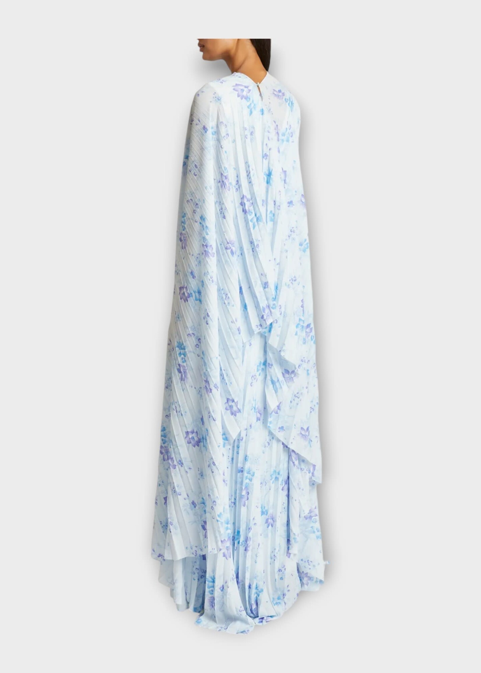 Balenciaga Balenciaga Dress, Print, V-Neck Circle Pleated Long Dress in White & Blue w/ Flower Print