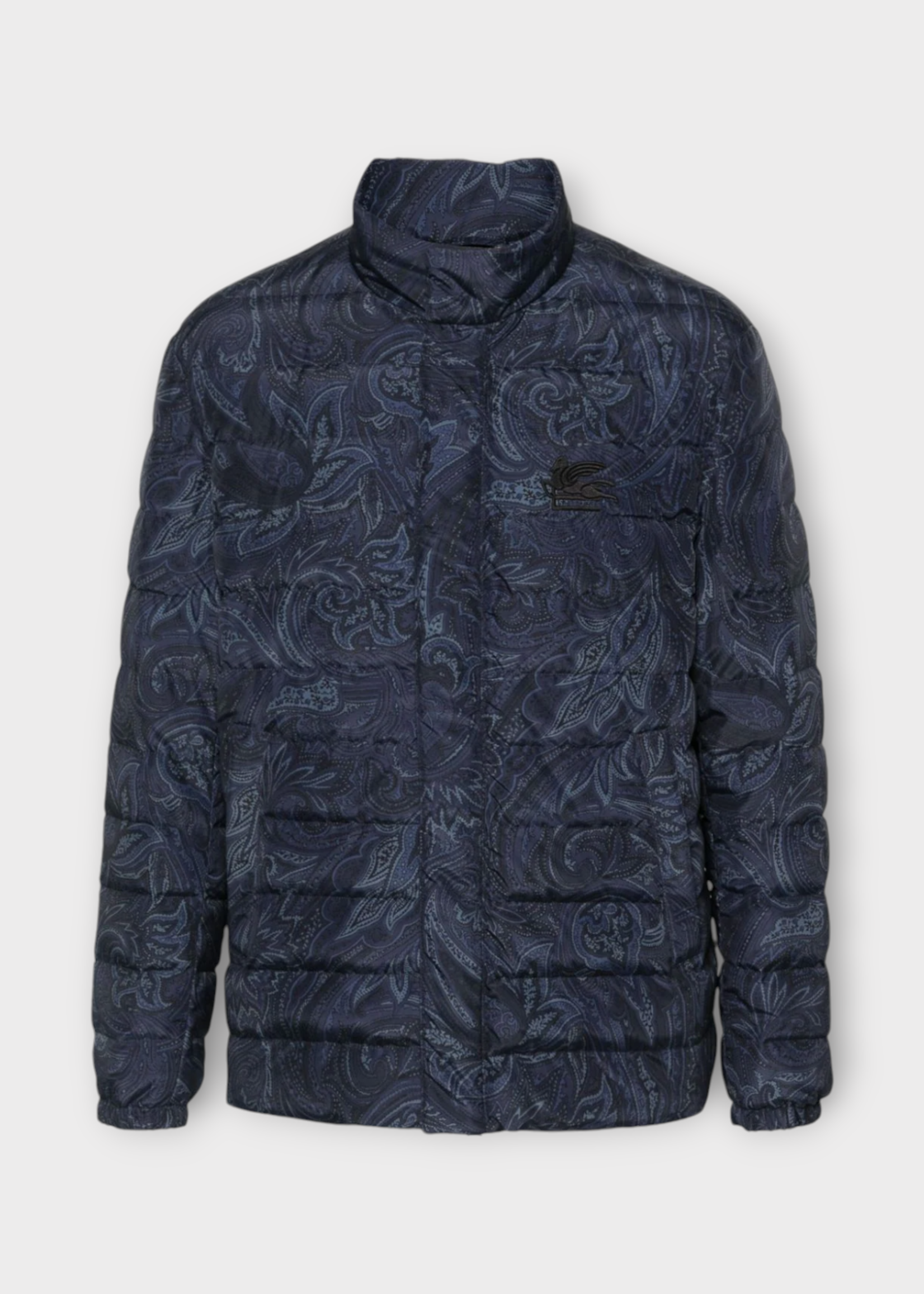 Etro Etro Jacket, Navy, High Neck Quilted Puffer Zip Up Travel Down Jacket In Paisley Print