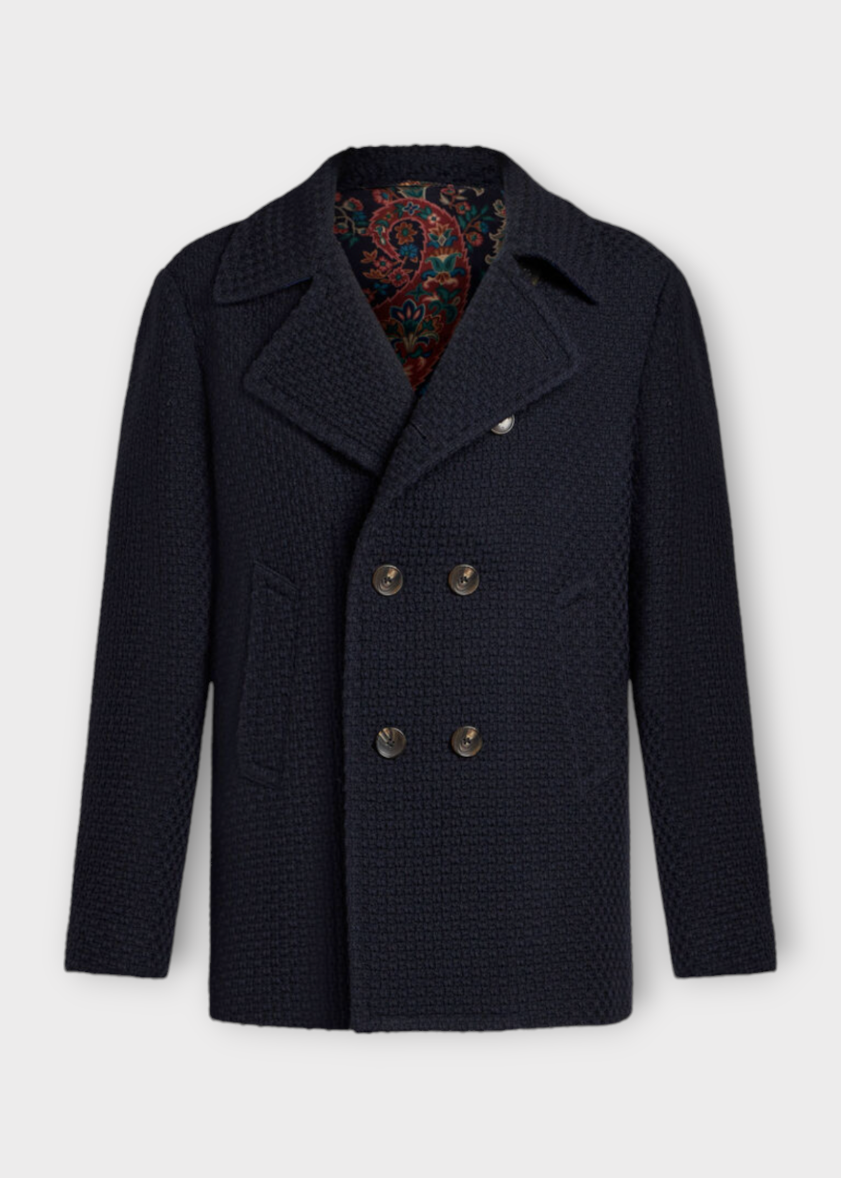 Etro Etro Coat, Navy, Wool Regular Fit Collared Double Breasted Pea Coat